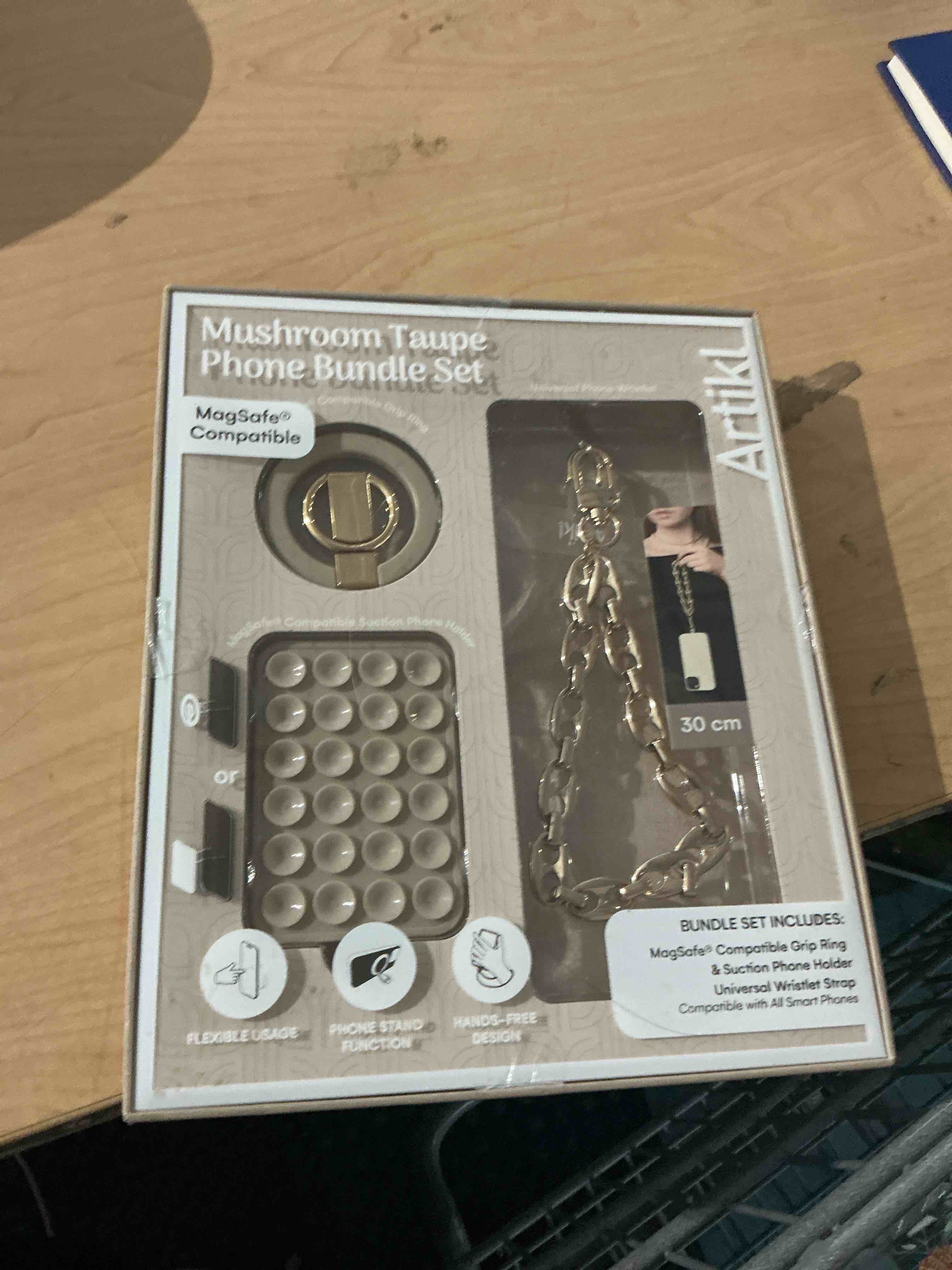 ARTIKL mushroom taupe phone bundle set includes a MagSafe compatible ring stand in a 30 cm wrist chain for secure phone holding