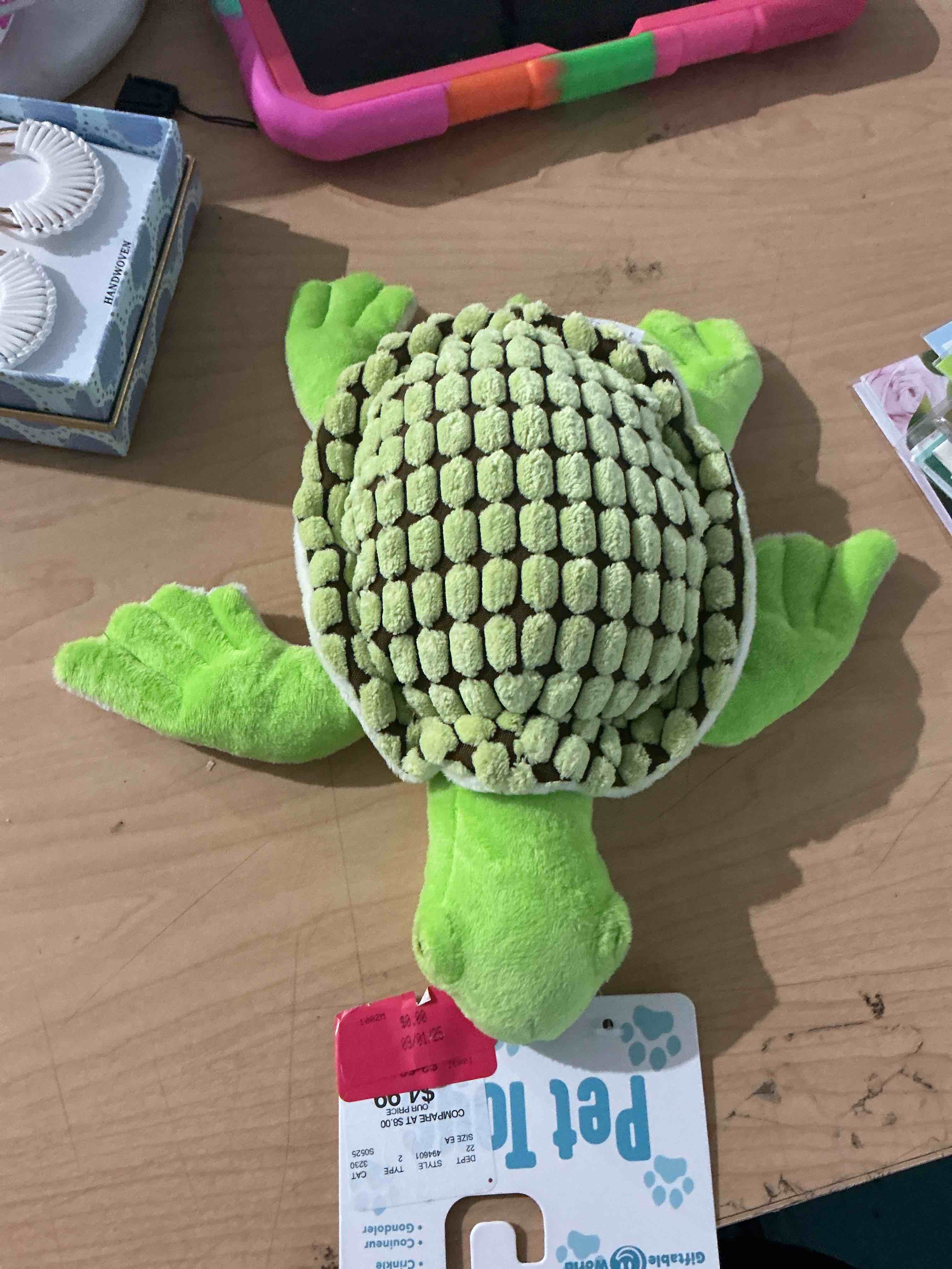 Condition photo showing New/Like New for giftable world 9 inch plush pet toy corduroy sea turtle with squeaker and crinkle