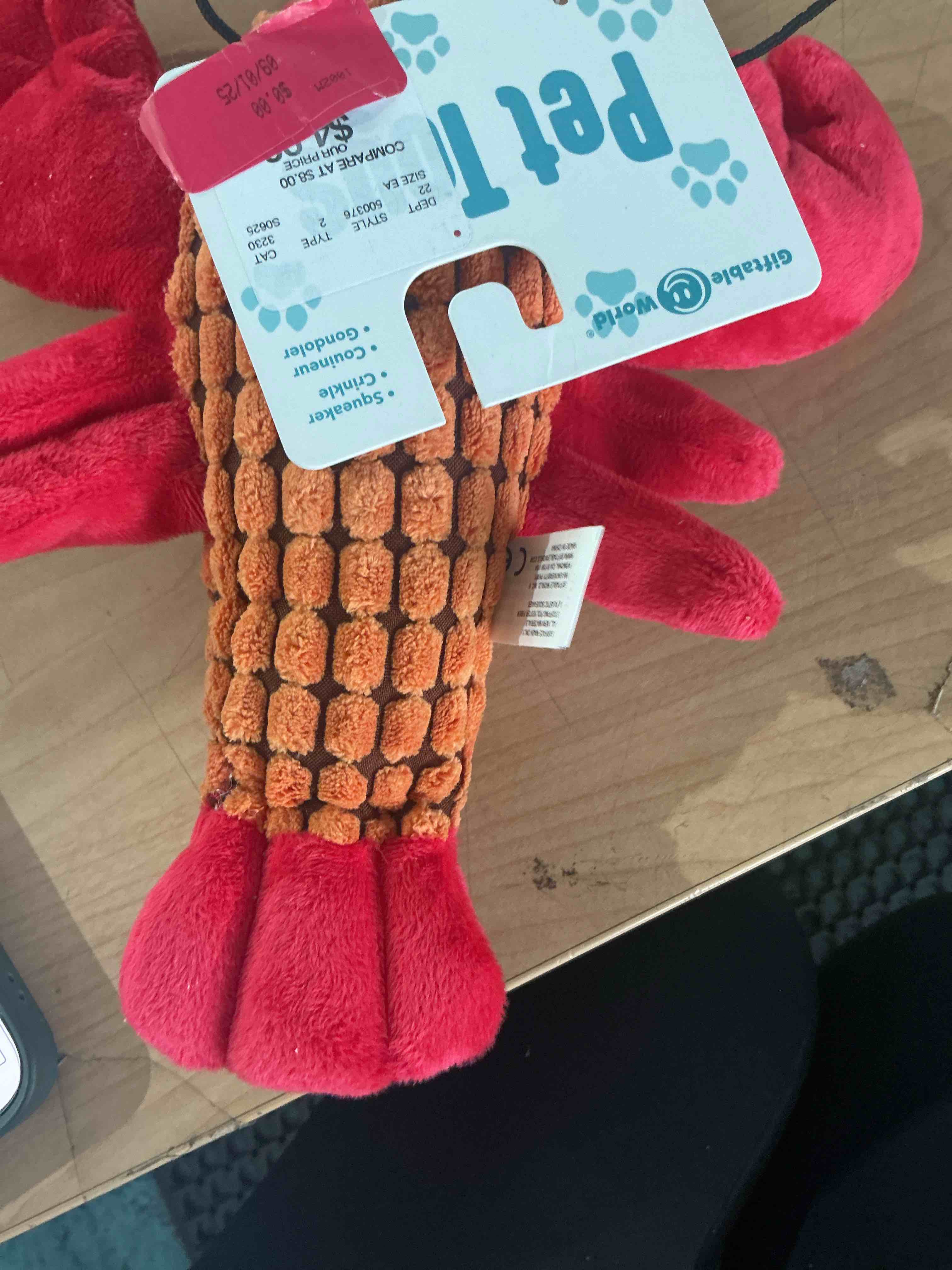 Condition photo showing New/Like New for 9 inch larry, the lobster, plush dog toy, tropical features a red plush 