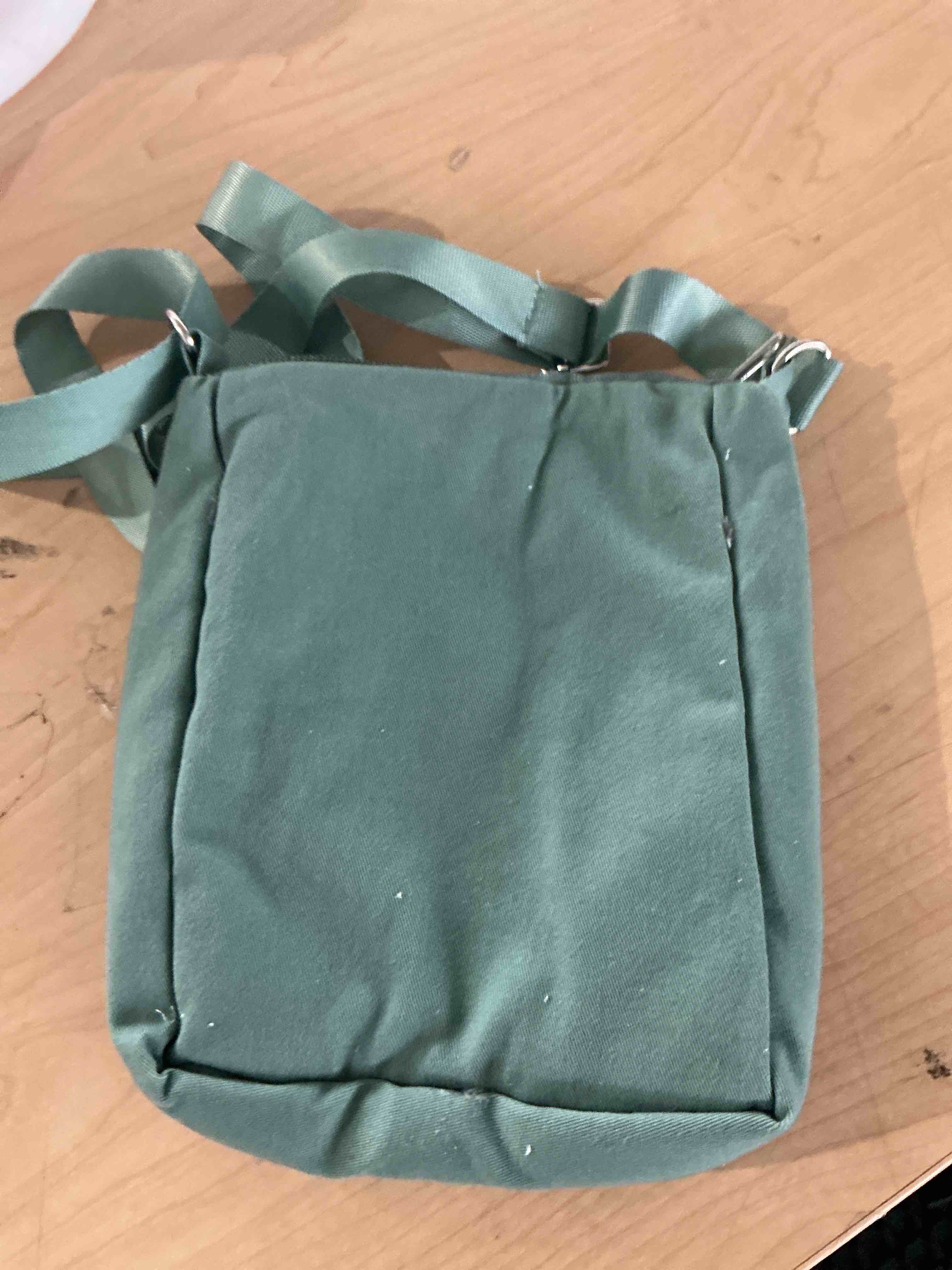 Condition photo showing New/Like New for sage green vera bradley small utility crossbody bag features front flip pocket with a snap closer