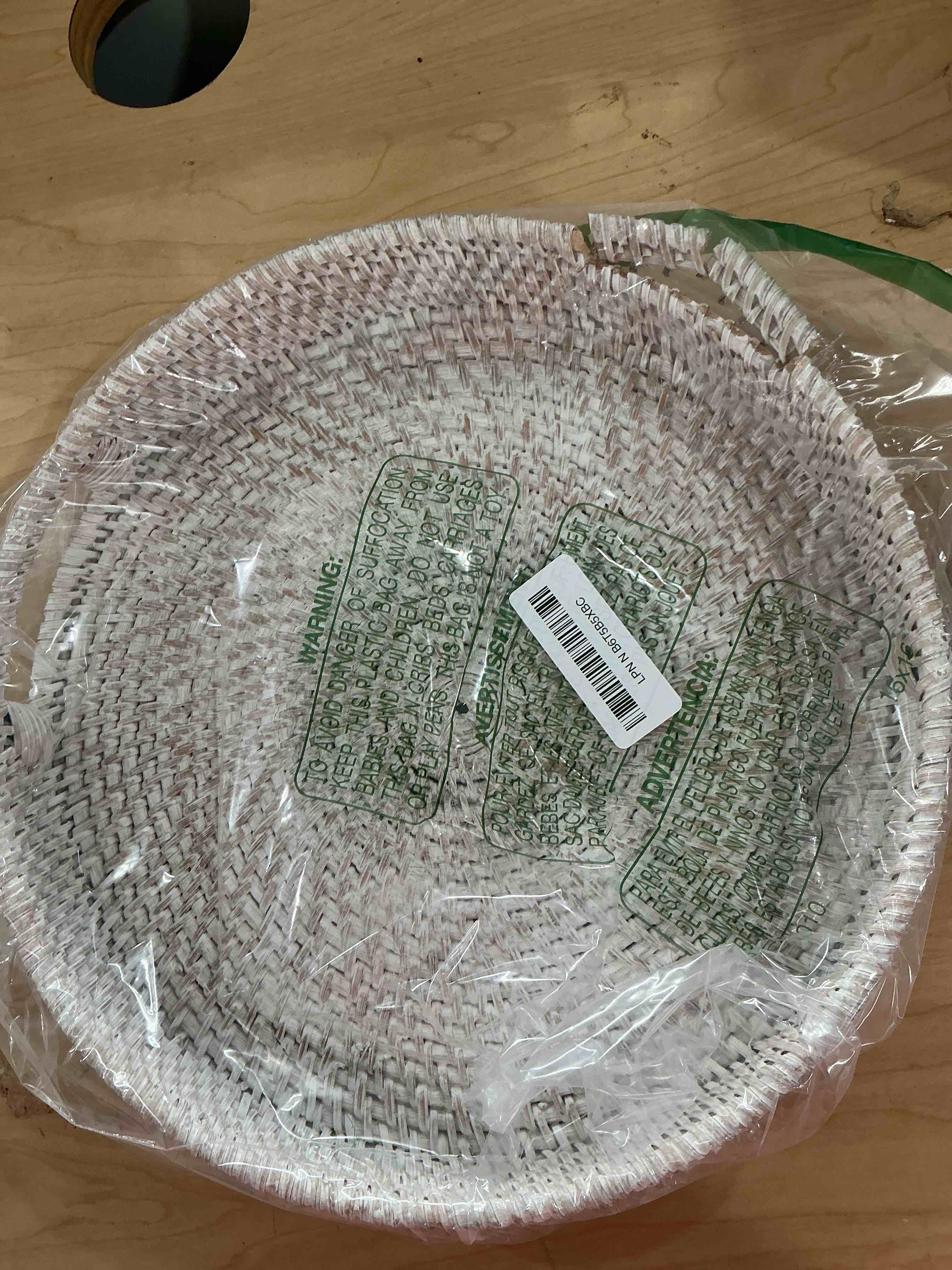 Condition photo showing New/Like New for round rattan serving tray decorative woven ottoman trays with handles for coffee table white (small 11.8 inch x 2 inch) 11.8" whitewash