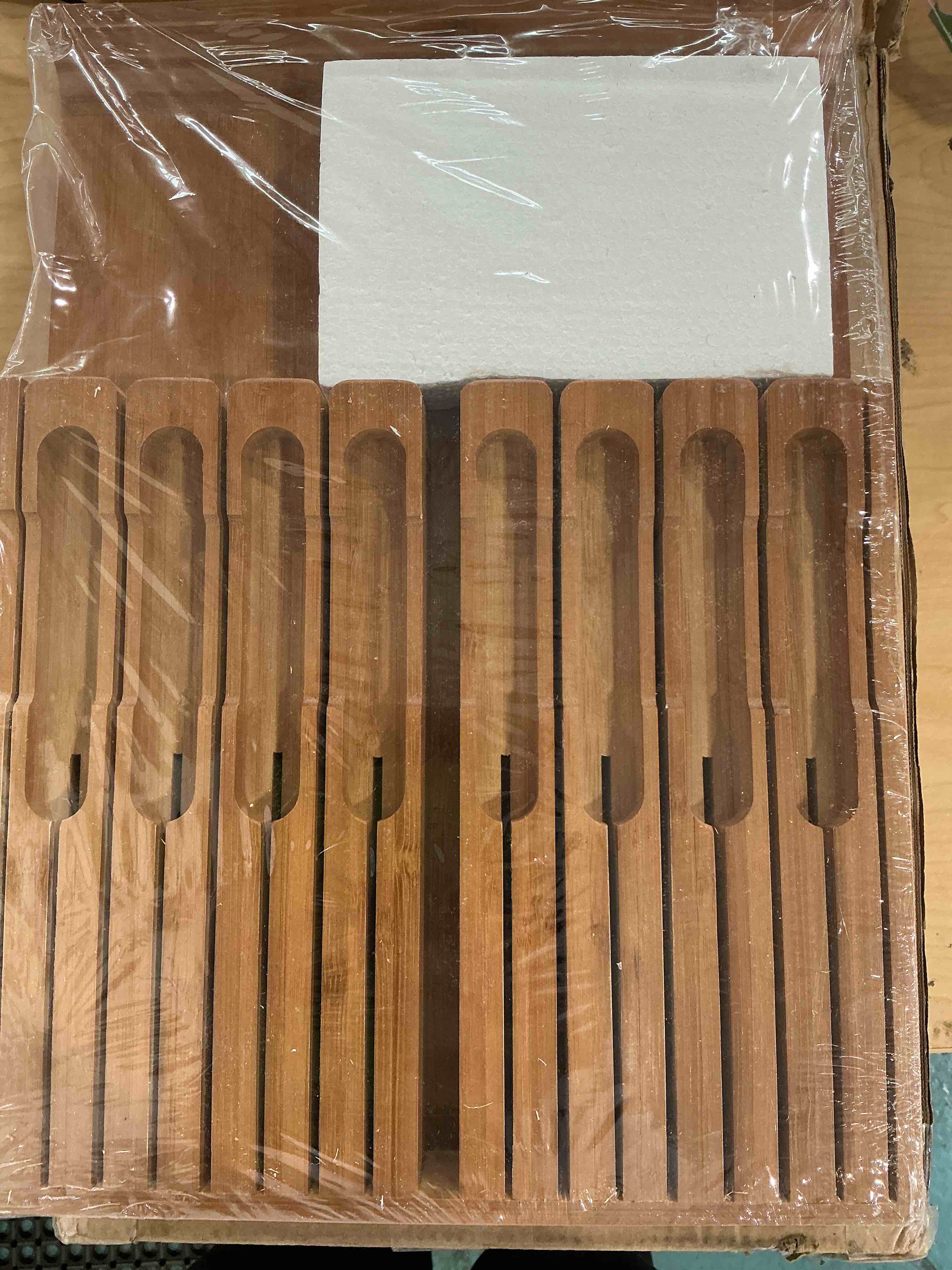 Condition photo showing New/Like New for domax bamboo in-drawer knife block - knife drawer organizer insert large handle steak knife holder, kitchen drawer knife organizer fits for 16 knives and 1 sharpening steel (not included), walnut walnut 16 holder