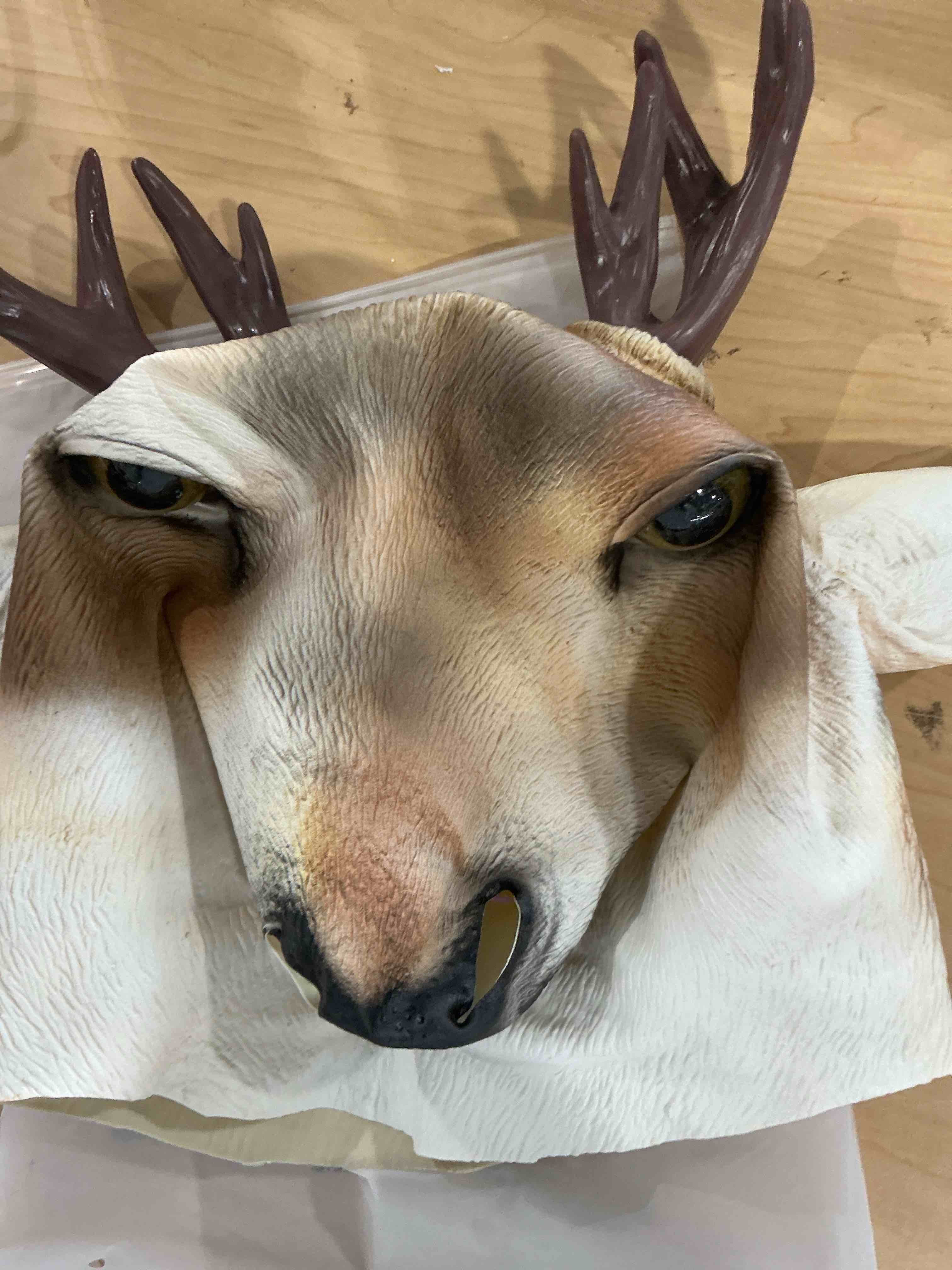 Condition photo showing New/Like New for sika deer mask animal head helmet giraffe masks spotted deer full over head mask deluxe costume party latex cervus nippon face mask for adult