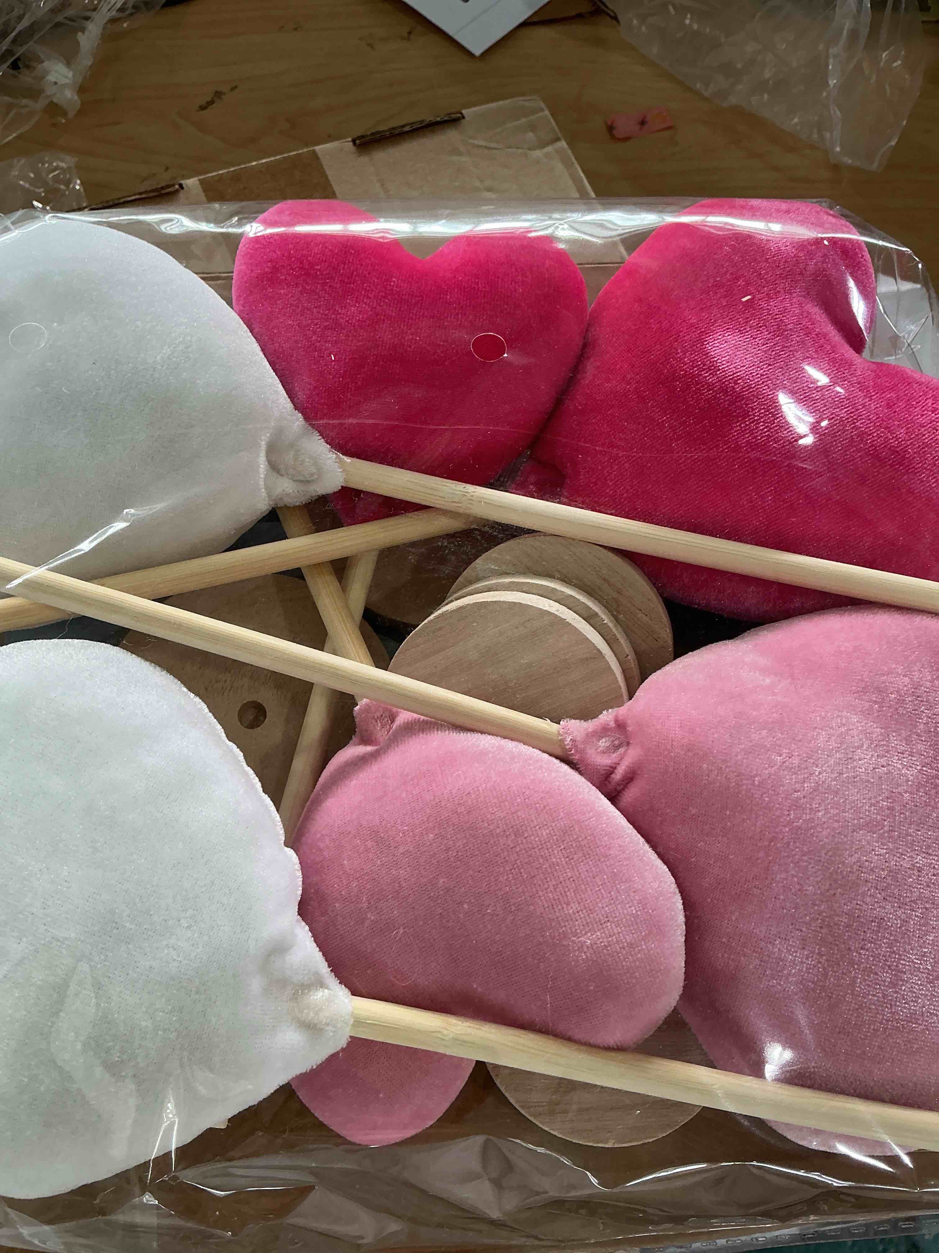 Condition photo showing New/Like New for amyhill 6 pcs valentine's day table decorations velvet flocked heart table decor heart shape tabletop centerpiece standing wooden sign valentines day decor for home office shelf (rose red,pink,white)