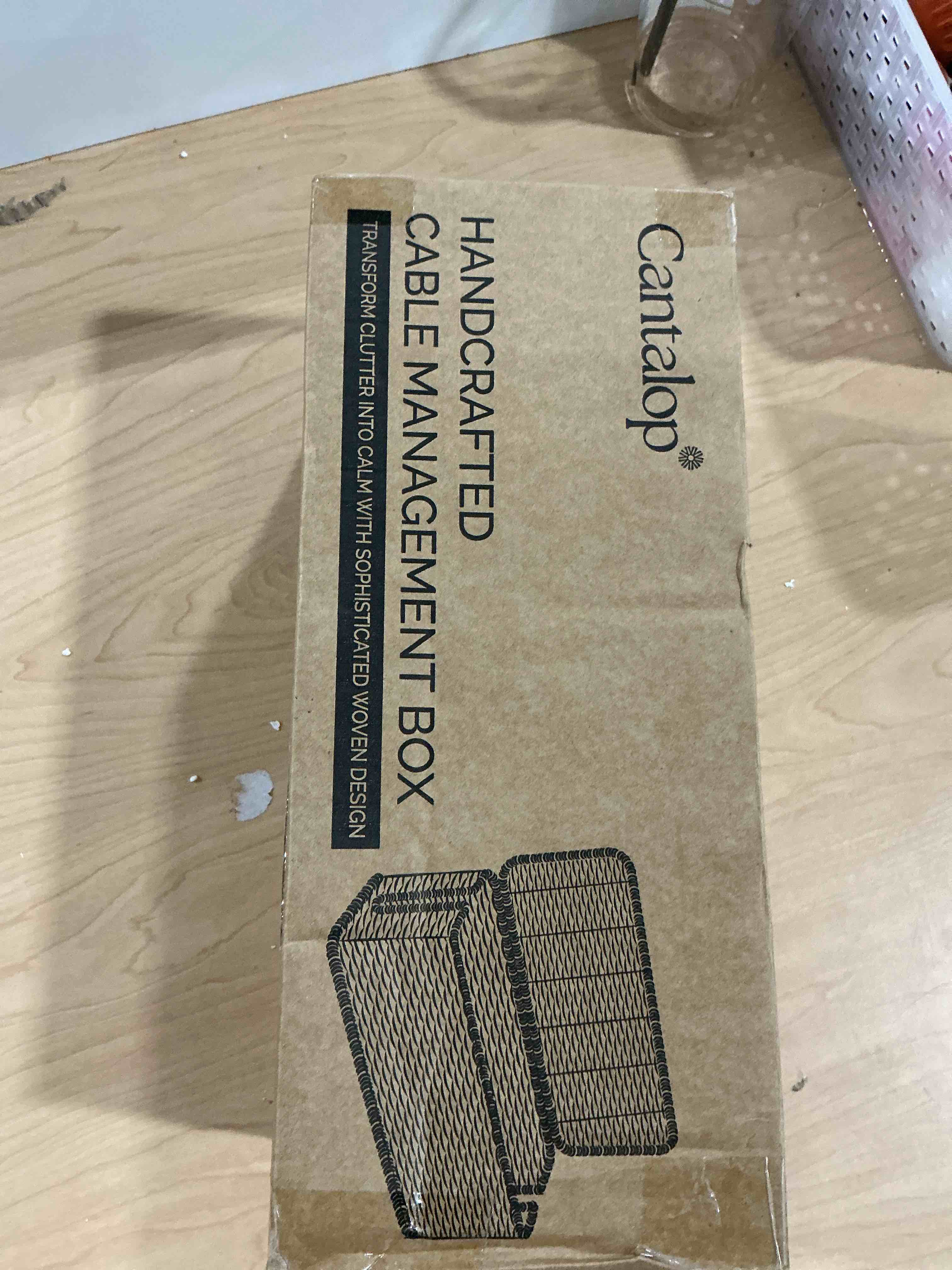 Condition photo showing New/Like New for cable management box, handmade rattan cable organizer with 2 open slots, cord hider for power strip, router & usb hub, registered u.s. design patent (d1,112,102), 13" x 5.1" x 5.1", white white rectangle