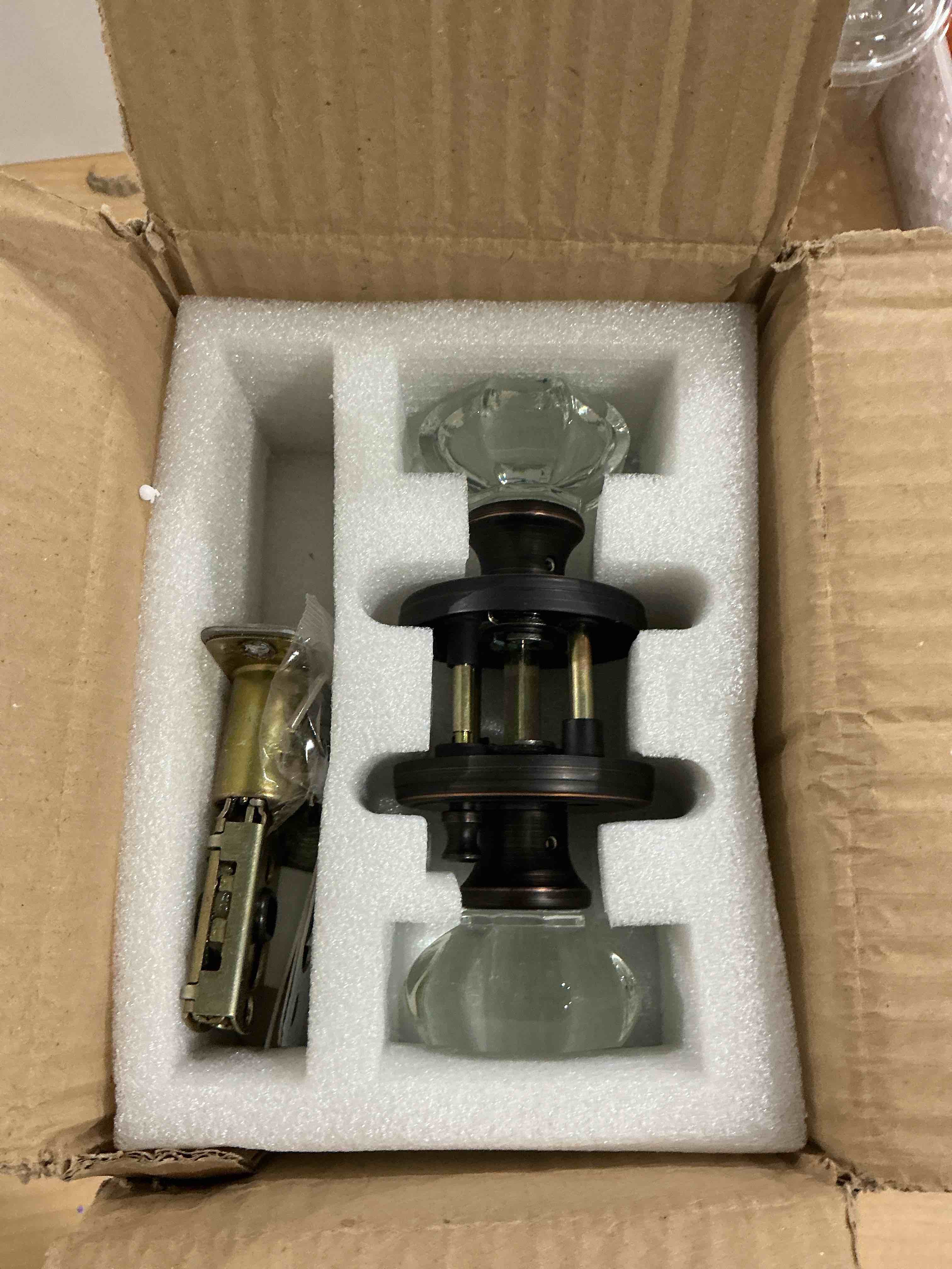 Condition photo showing New/Like New for 3 pack clear crystal door knob, inspired decorative oil rubbed bronze door knobs for interior doors, unique fancy glass passage door knobs for closets and hallways