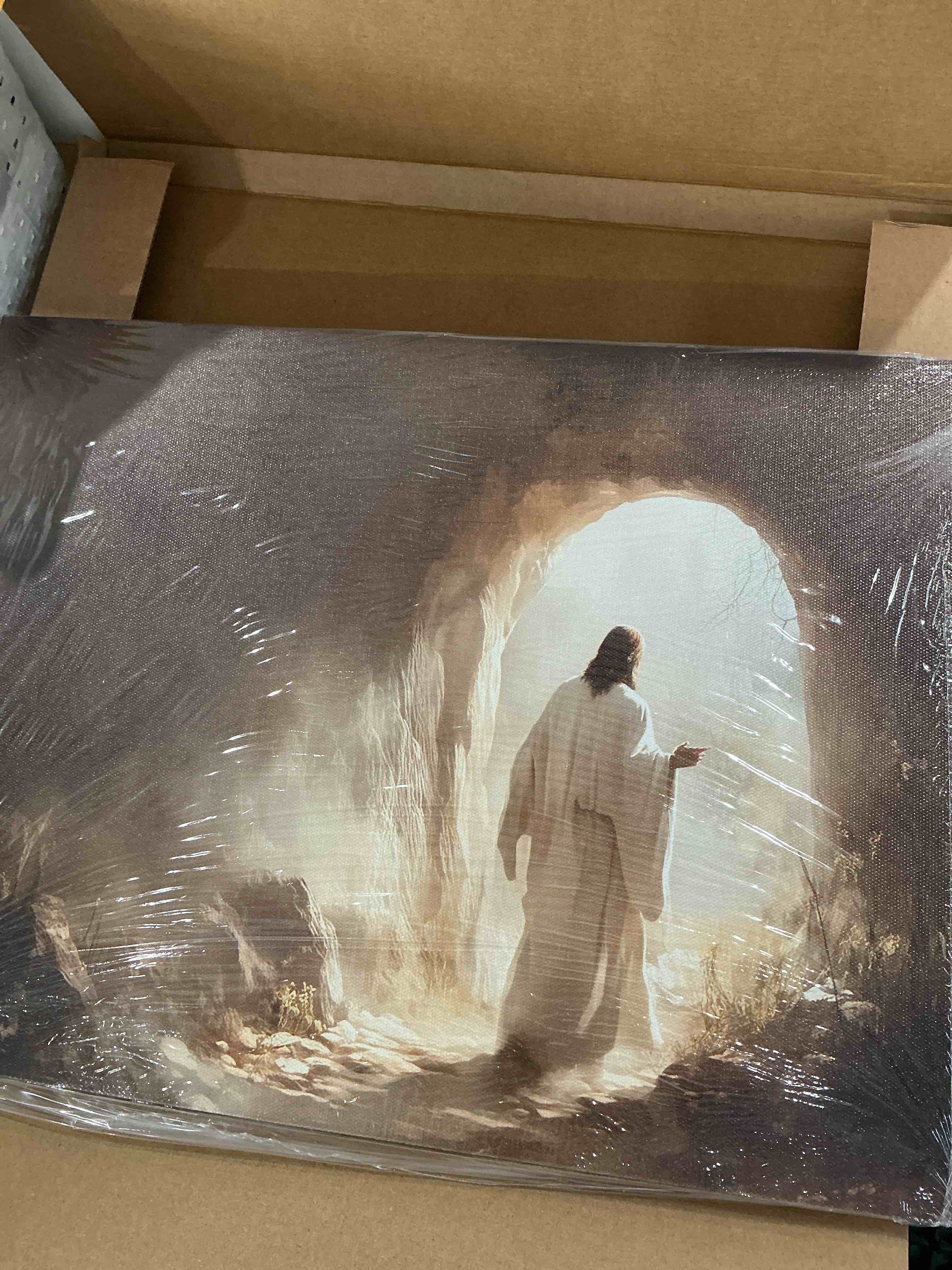 Condition photo showing New/Like New for christian jesus wall art jesus leaves the tomb canvas painting resurrected savior leaves the tomb posters prints he is risen pictures for church home bedroom living room home wall decor wooden framed