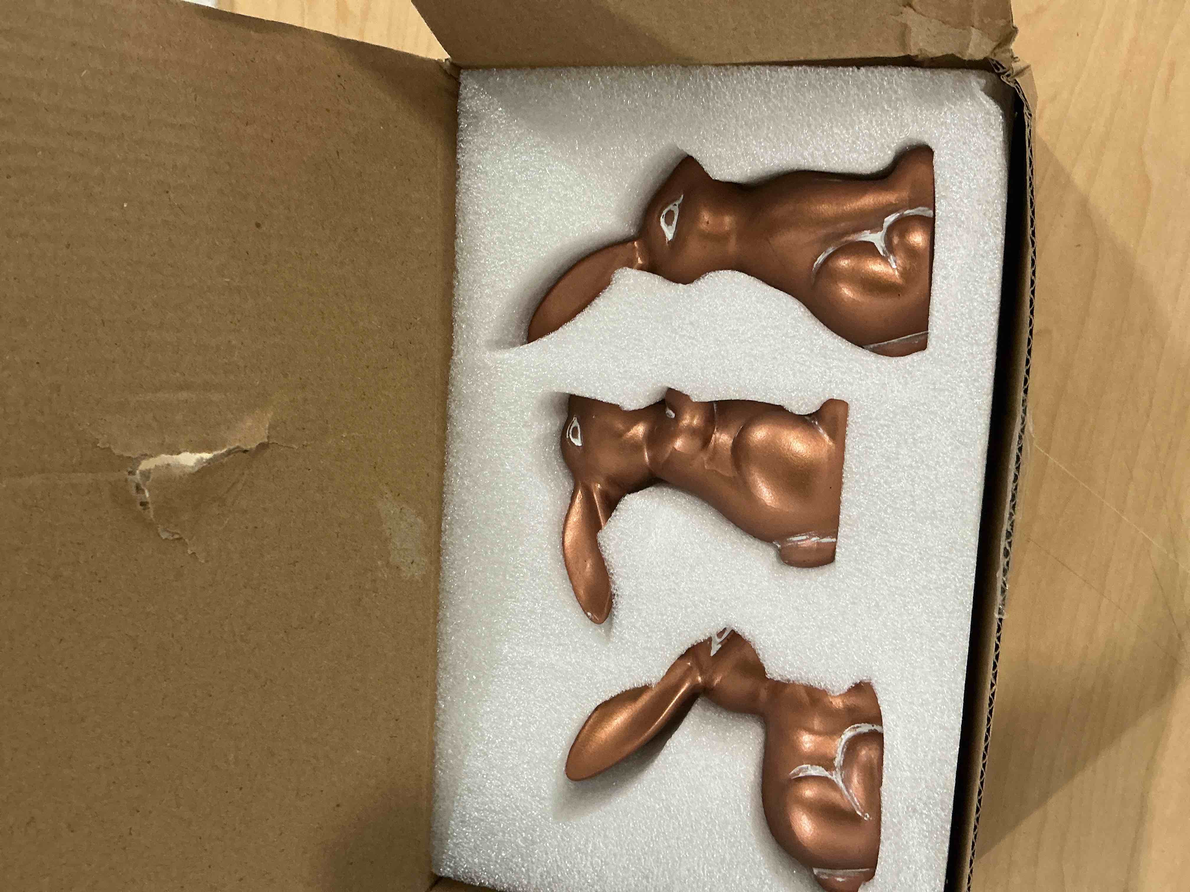 Condition photo showing New/Like New for easter bunny figurines set, 3pcs rustic resin bunnies in antique copper finish, cute bunny decor for spring decorations for home, easter table centerpieces for tiered tray (copper)