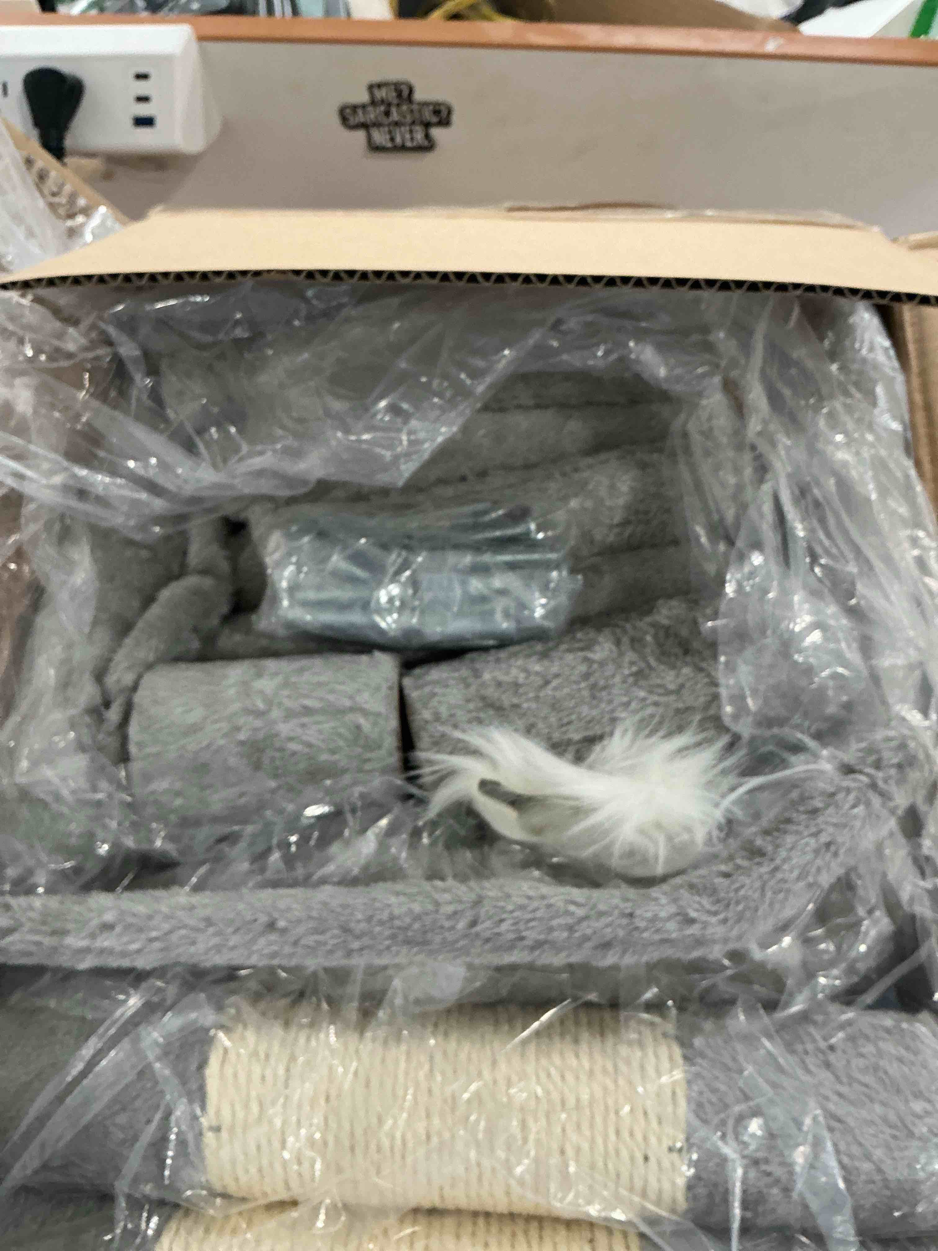 Condition photo showing New/Like New for heybly cat tree with toy, cat tower condo for indoor cats, cat house with padded plush perch, cozy hammock and sisal scratching posts, light gray hct004sw 43.3 inch light gray