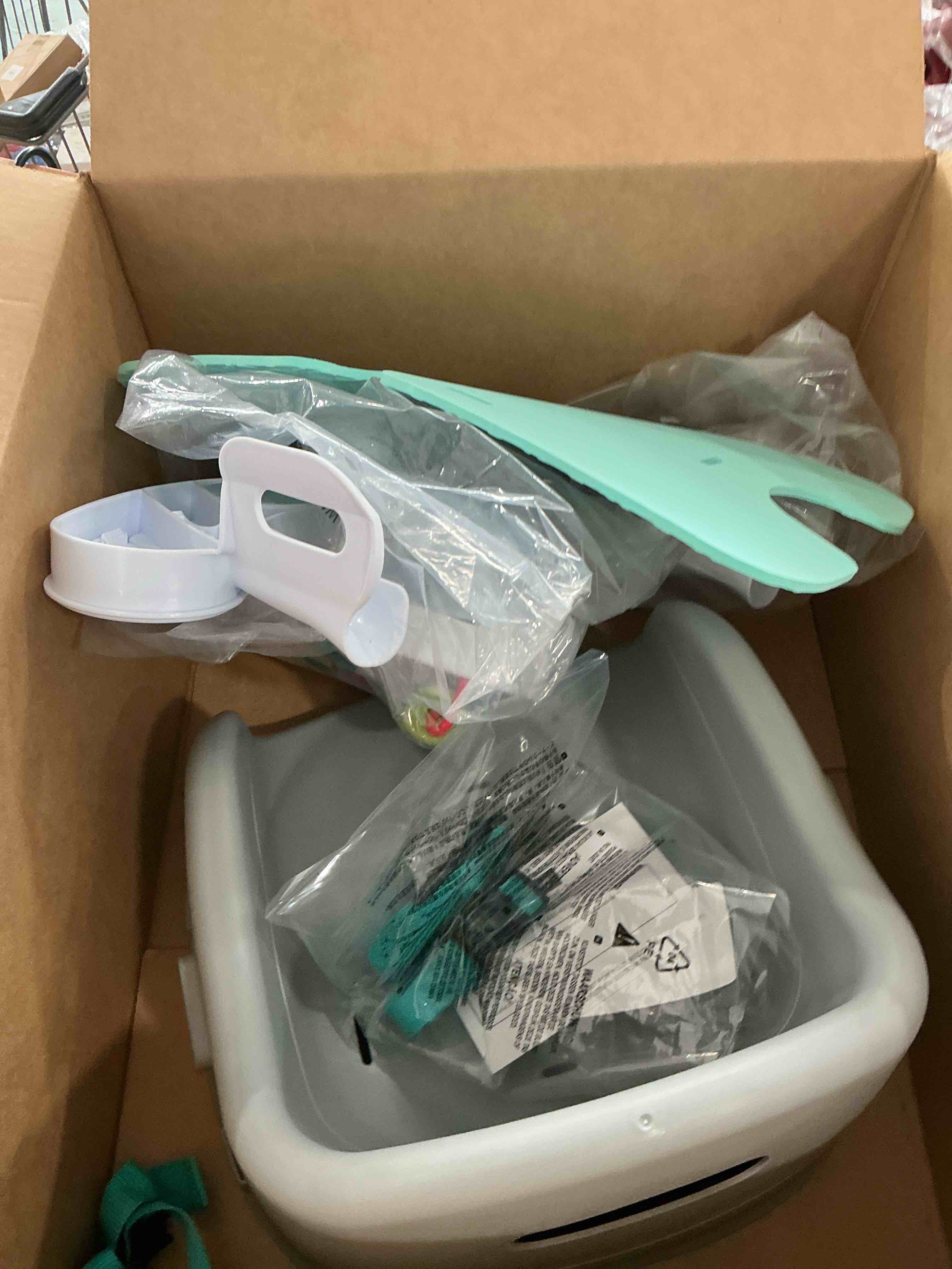 Condition photo showing New/Like New for infantino music & lights 3-in-1 discovery seat & booster, interactive toddler seat for dining table or kitchen chair, baby activity center & snack tray, 20 sounds & songs, lightweight baby essentials teal seat