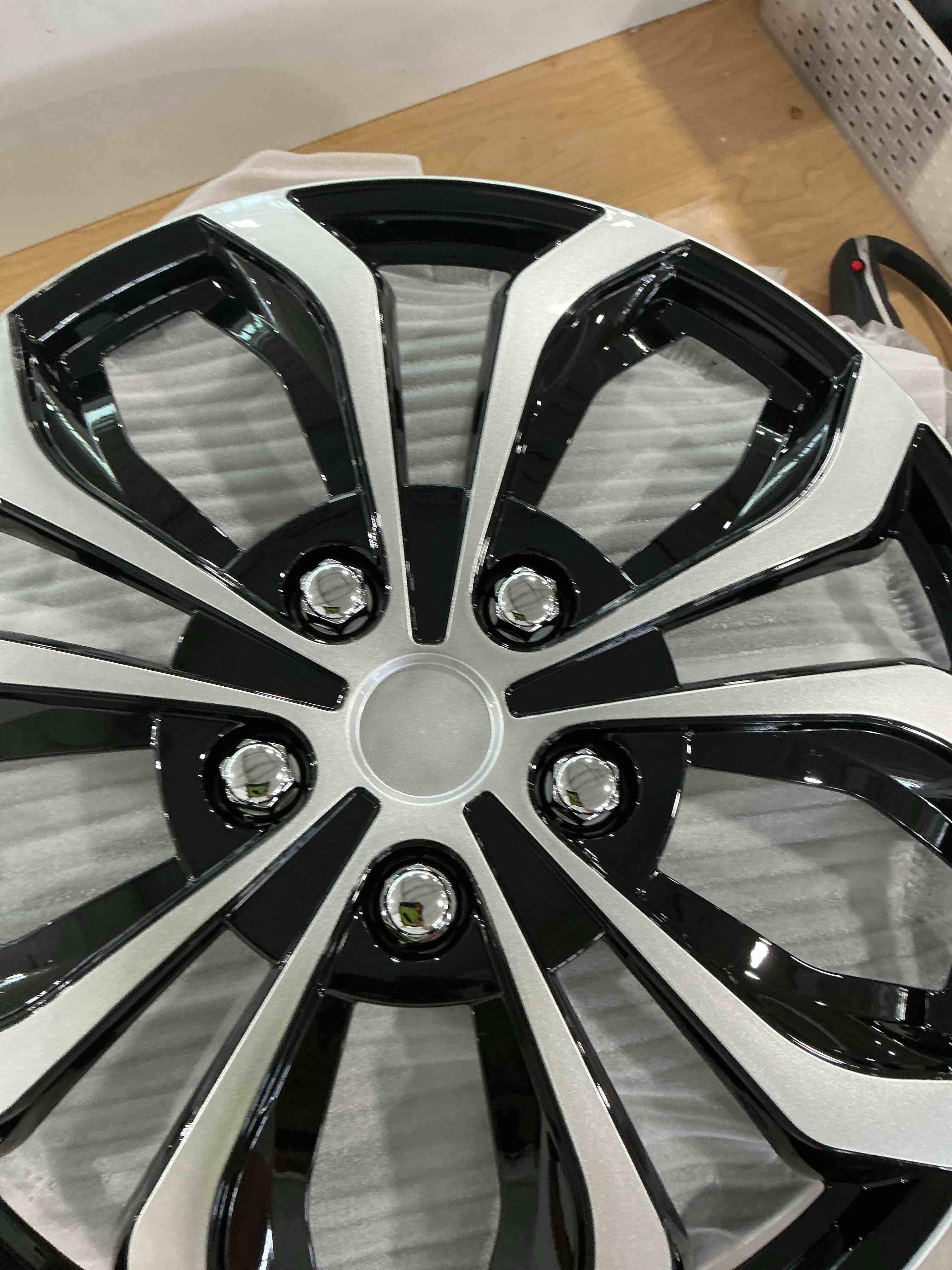 Condition photo showing New/Like New for premium universal hubcaps 15 inch, compatible with steel wheels(, set of 3)(silver-black)