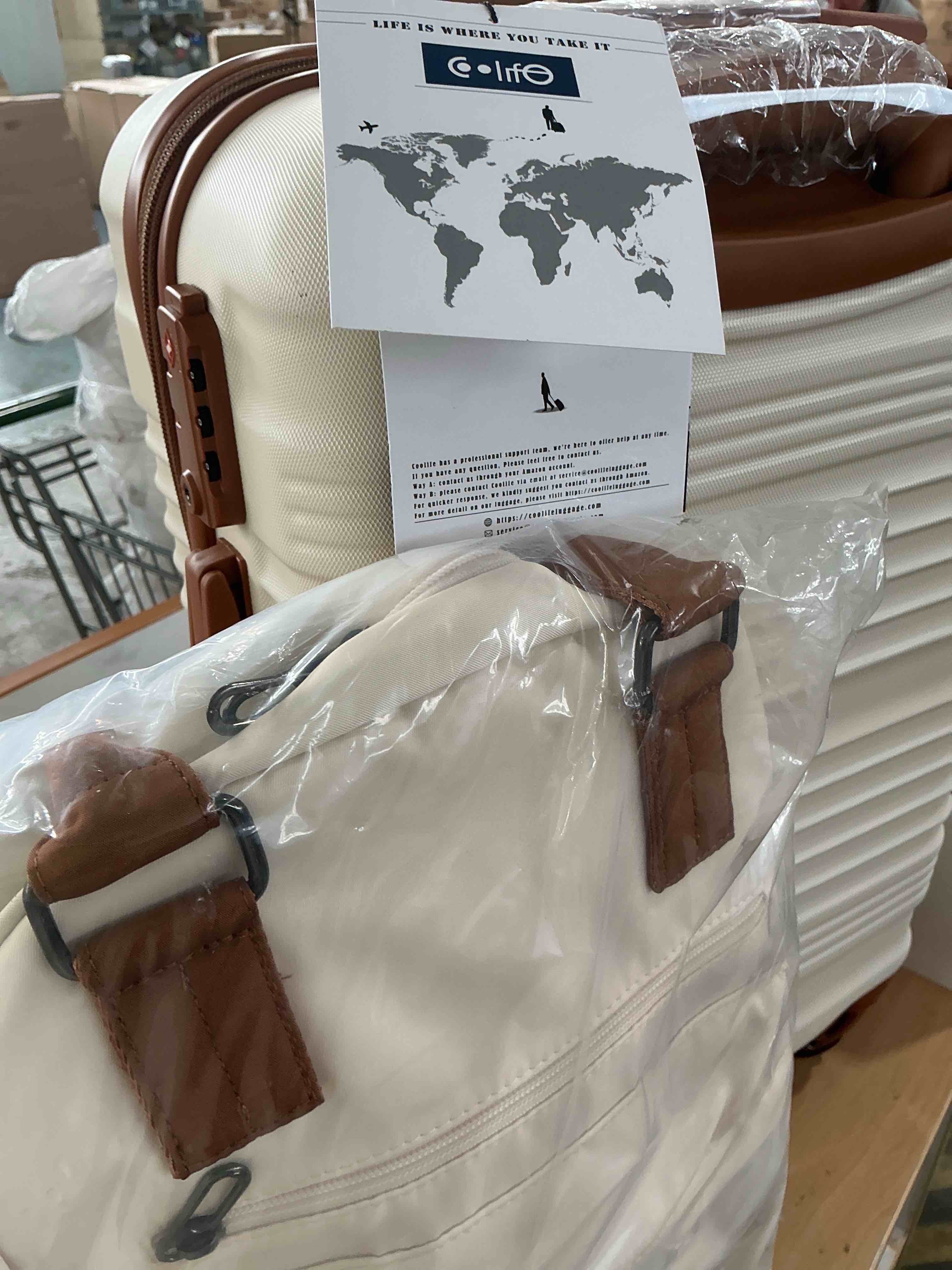 Condition photo showing As Is for (luggage has damage )luggage set 20 in carry on suitcase abs handshell luggage 3 piece set with tsa lock spinner wheels (3 piece set (bp), white-brown)