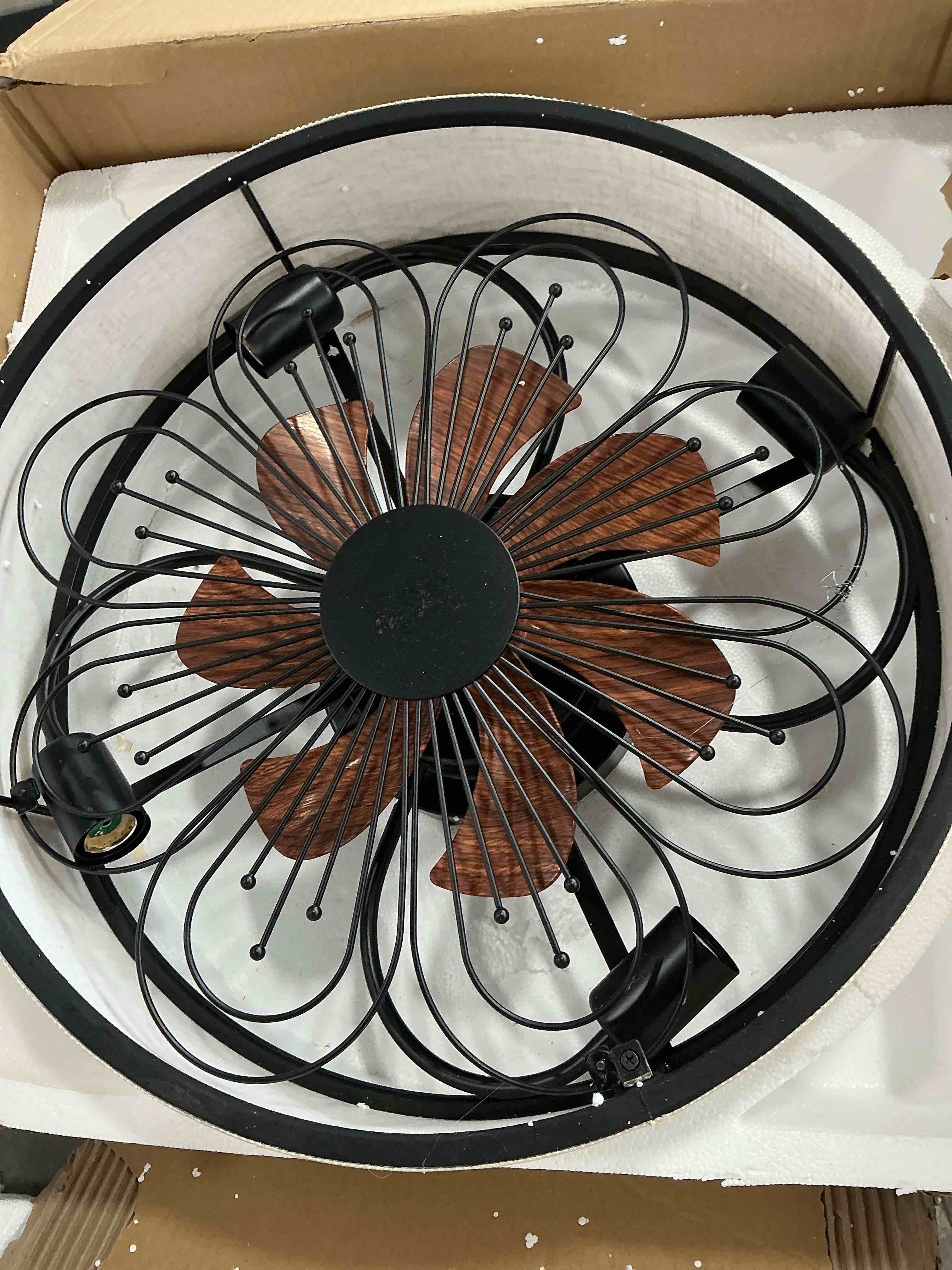 Condition photo showing New/Like New for 20 inch caged ceiling fans with lights flush mount,low profile fabric farmhouse bladeless ceiling fan with remote, farmhouse white ceiling fan for bedroom,6 speeds reversible silent fandalier