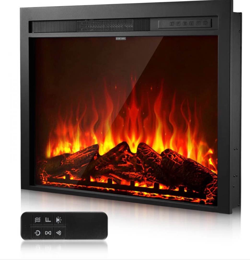 Electric fireplace insert 28 inch recessed and wall mounted with adjustable flames, remote control