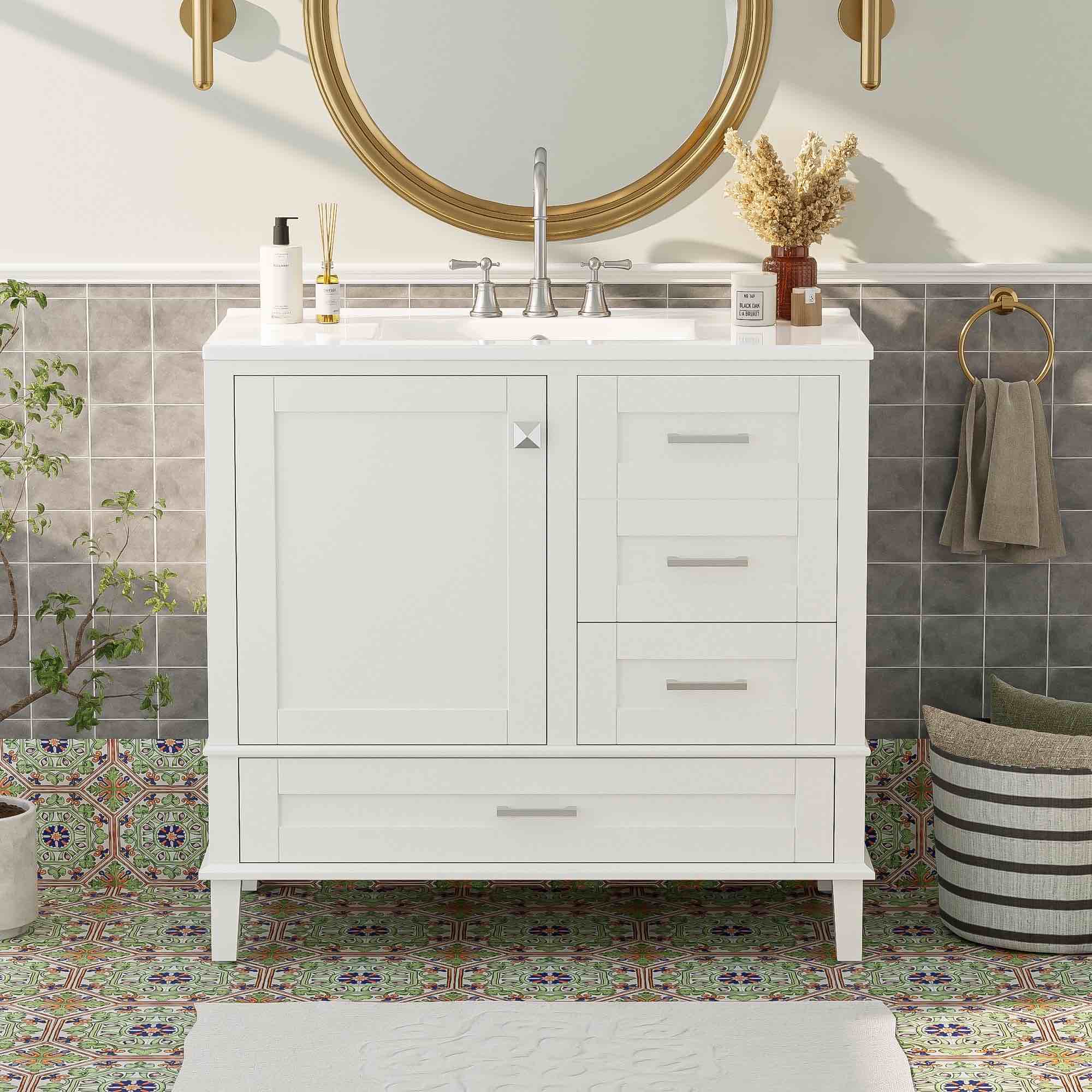 ENSHUI 36" Bathroom Vanity with Sink, Solid Wood Floor Standing Bathroom Vanity Cabinet with 3 Soft Close Drawers, Modern Bathroom Vanities with Metal Handles, White