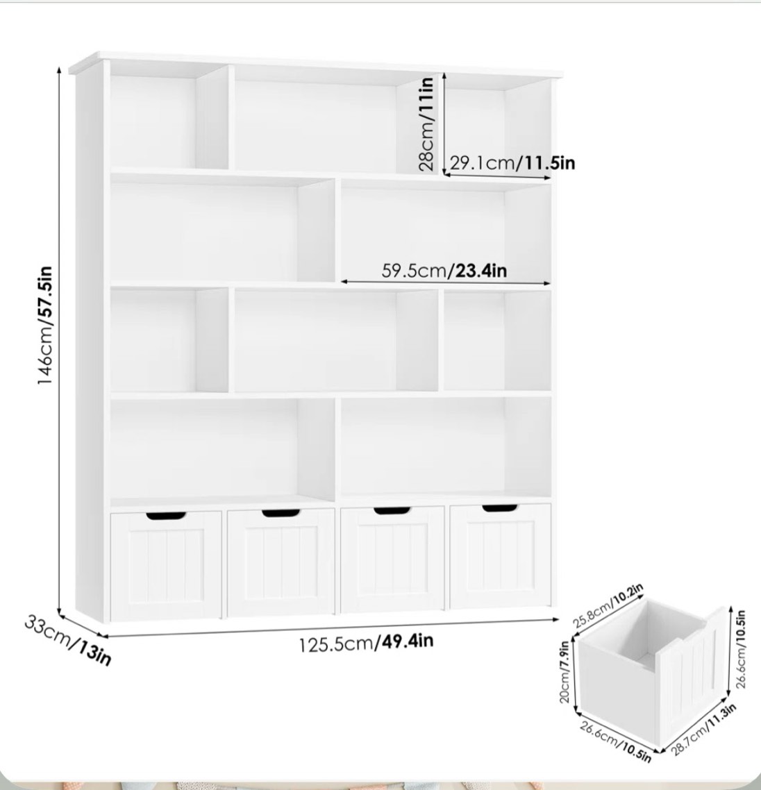 Condition photo showing New/Like New for kirkland 57.5 height, five tier cube bookcase and toy storage organizer, kids bookshelf with four removable drawers and 10 storage cube children’s playroom storage unit