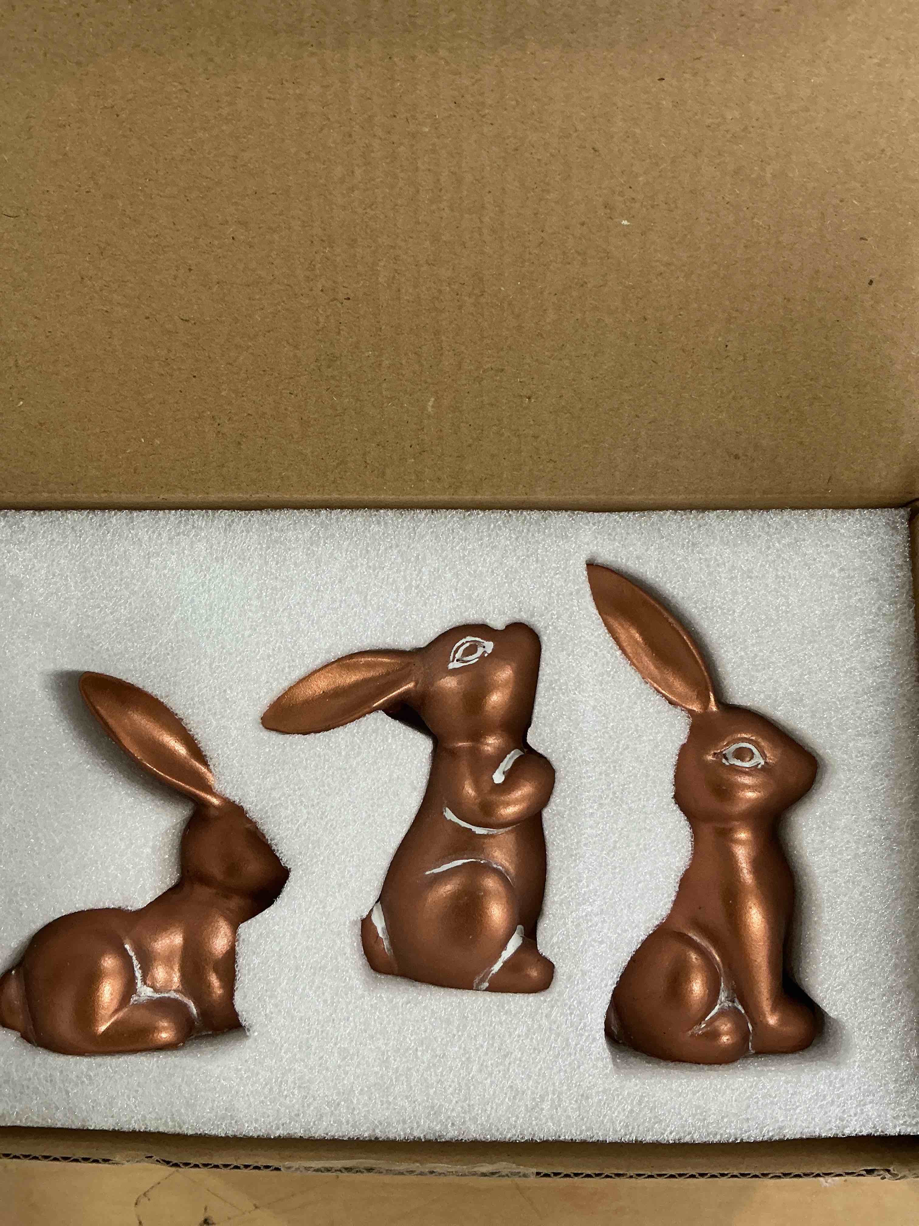 Condition photo showing New/Like New for easter bunny figurines set, 3pcs rustic resin bunnies in antique copper finish, cute bunny decor for spring decorations for home, easter table centerpieces for tiered tray (copper)