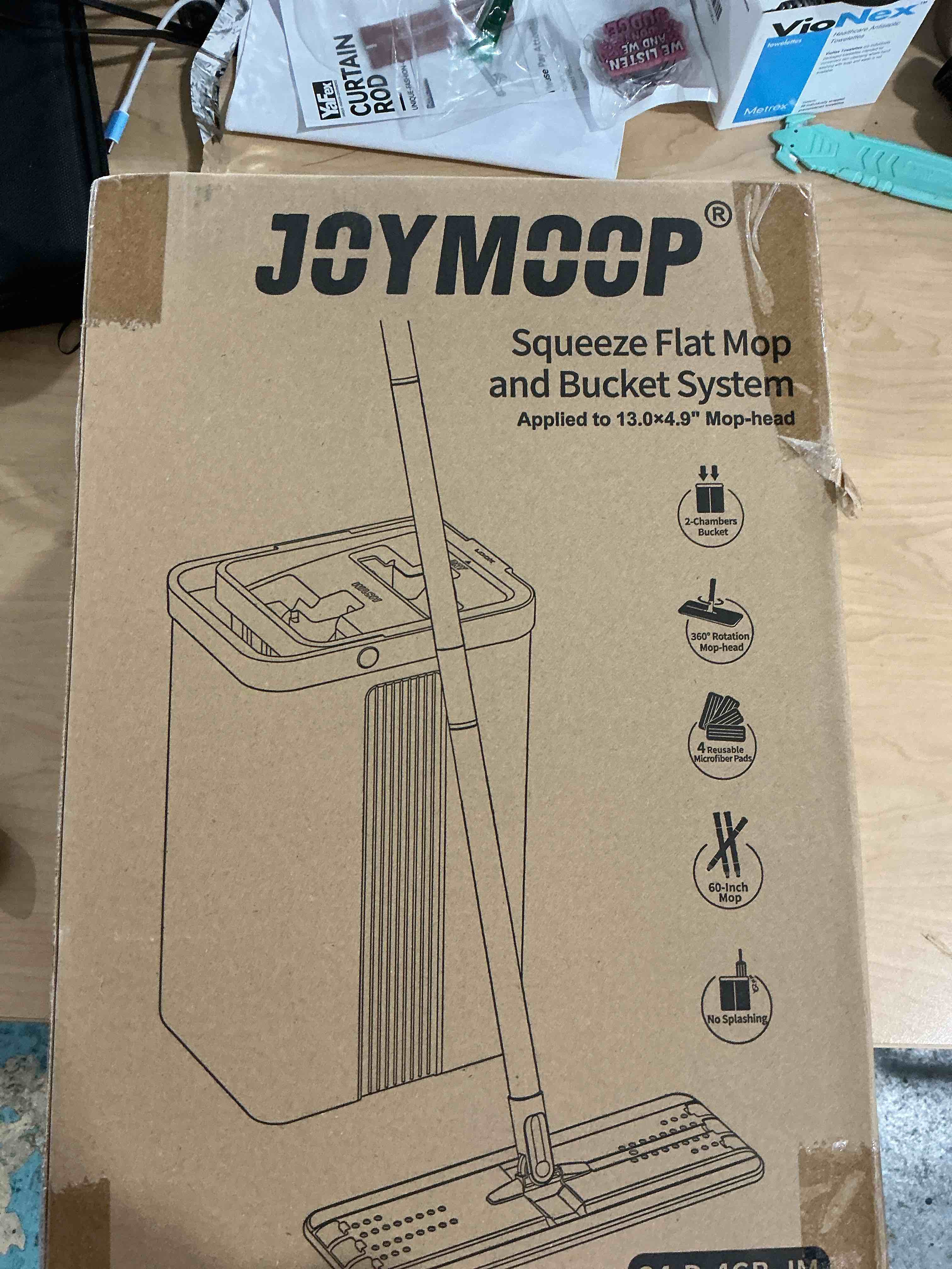 Condition photo showing New/Like New for JOYMOOP Mop and Bucket Set with Wringer, Flat Mops for Floor Cleaning, Wall Mop Cleaner with Long Handle, Hardwood Floor Mop with 4 Microfiber Pads