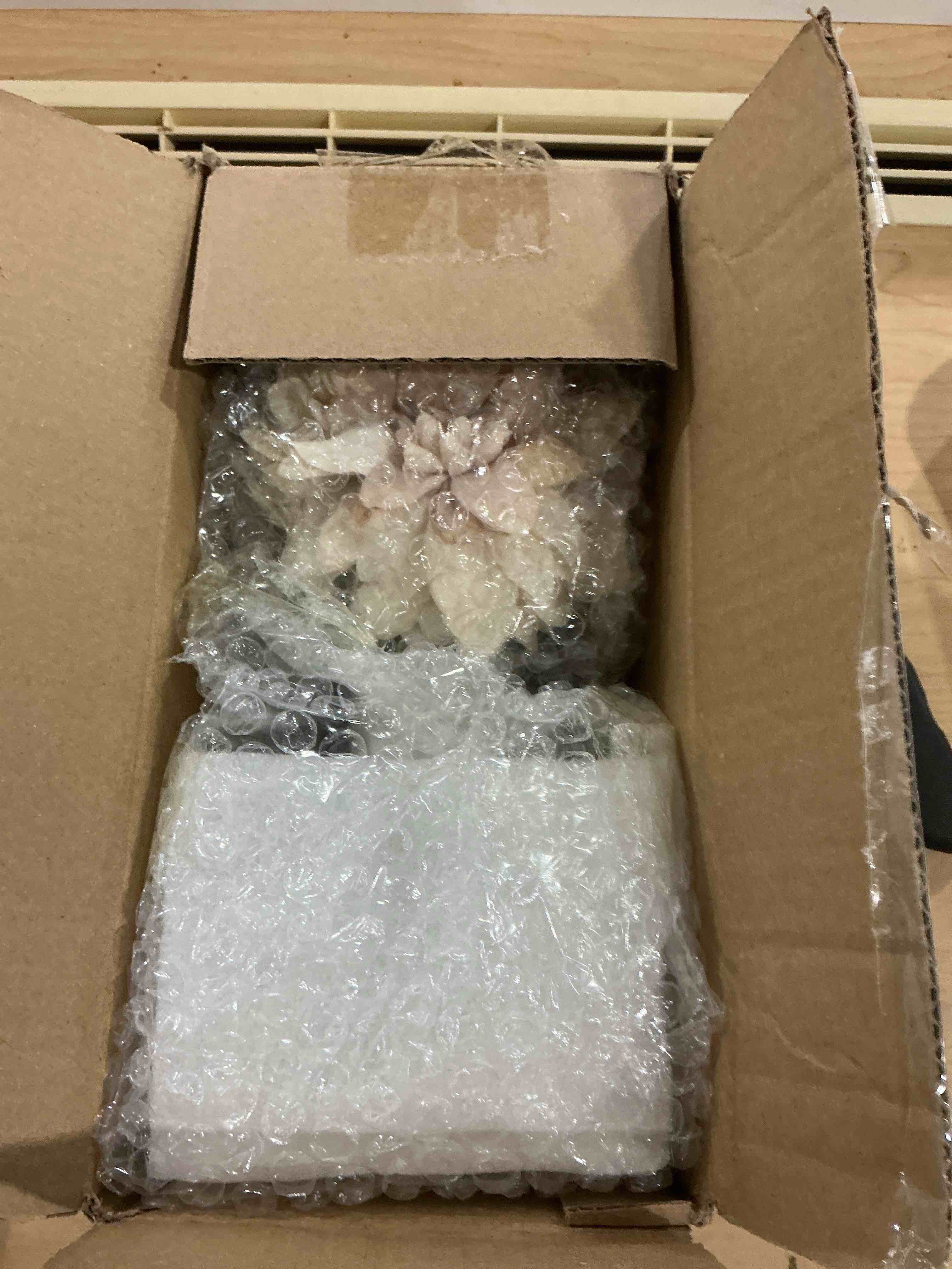 Condition photo showing Good Condition for Mkono Small Artificial Flowers in Ceramic Vase 13.5" Centerpieces Coffee Table Decor, Silk Flower Arrangements for Home Decor Indoor Fake Flower Bouquet for Bathroom Dining Room Kitchen Wedding Brown Brown Small