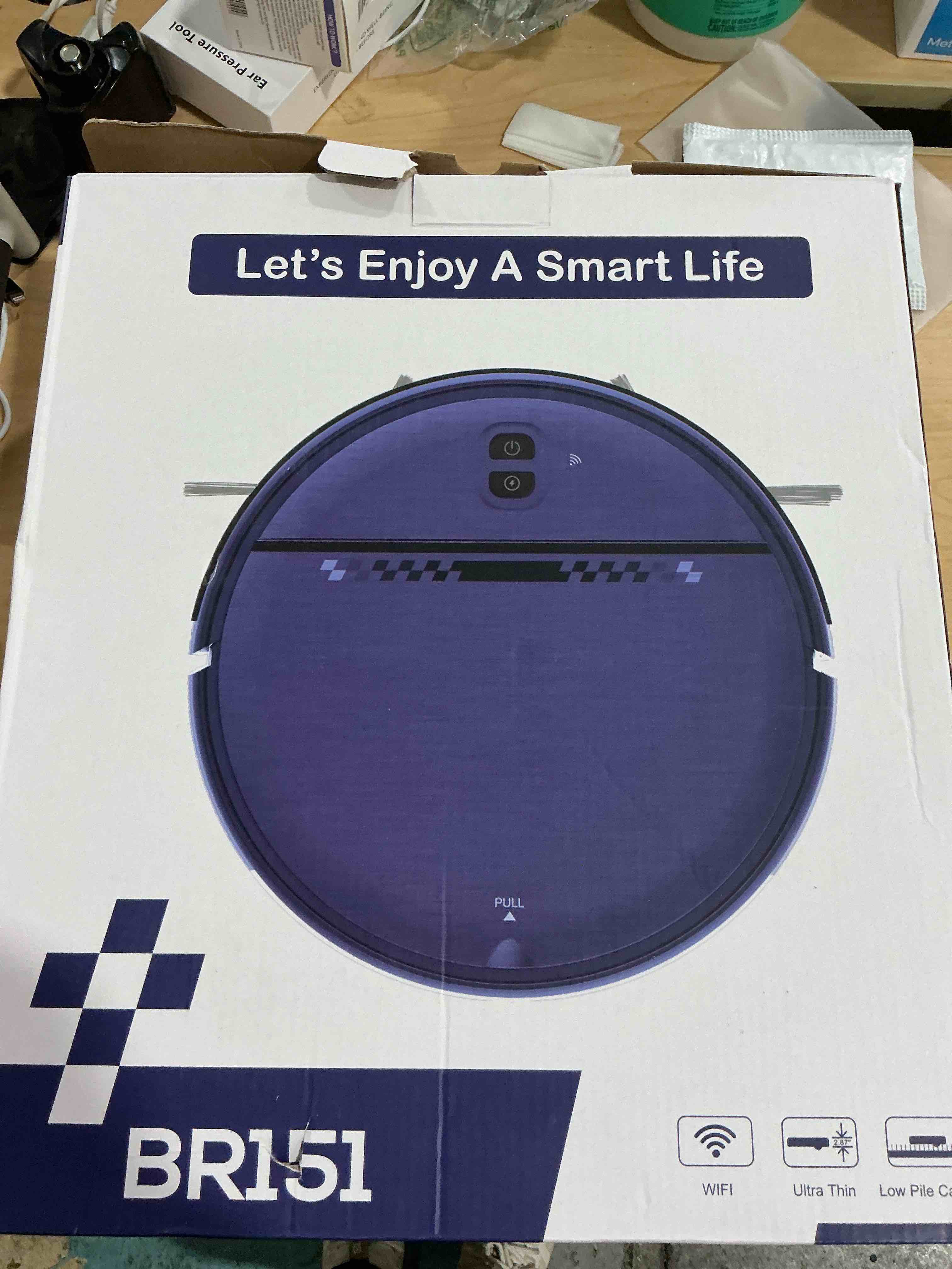 Condition photo showing Good Condition for Robot Vacuum and Mop Combo, 2-in-1 Mopping Robot Vacuum Cleaner with 2300Pa Suction, 2.87'' Slim Design, Wi-Fi/App/Voice Control, 3D Obstacle Avoidance&Self-Charging for Hard Floors, Carpets, Pet Hair Blue