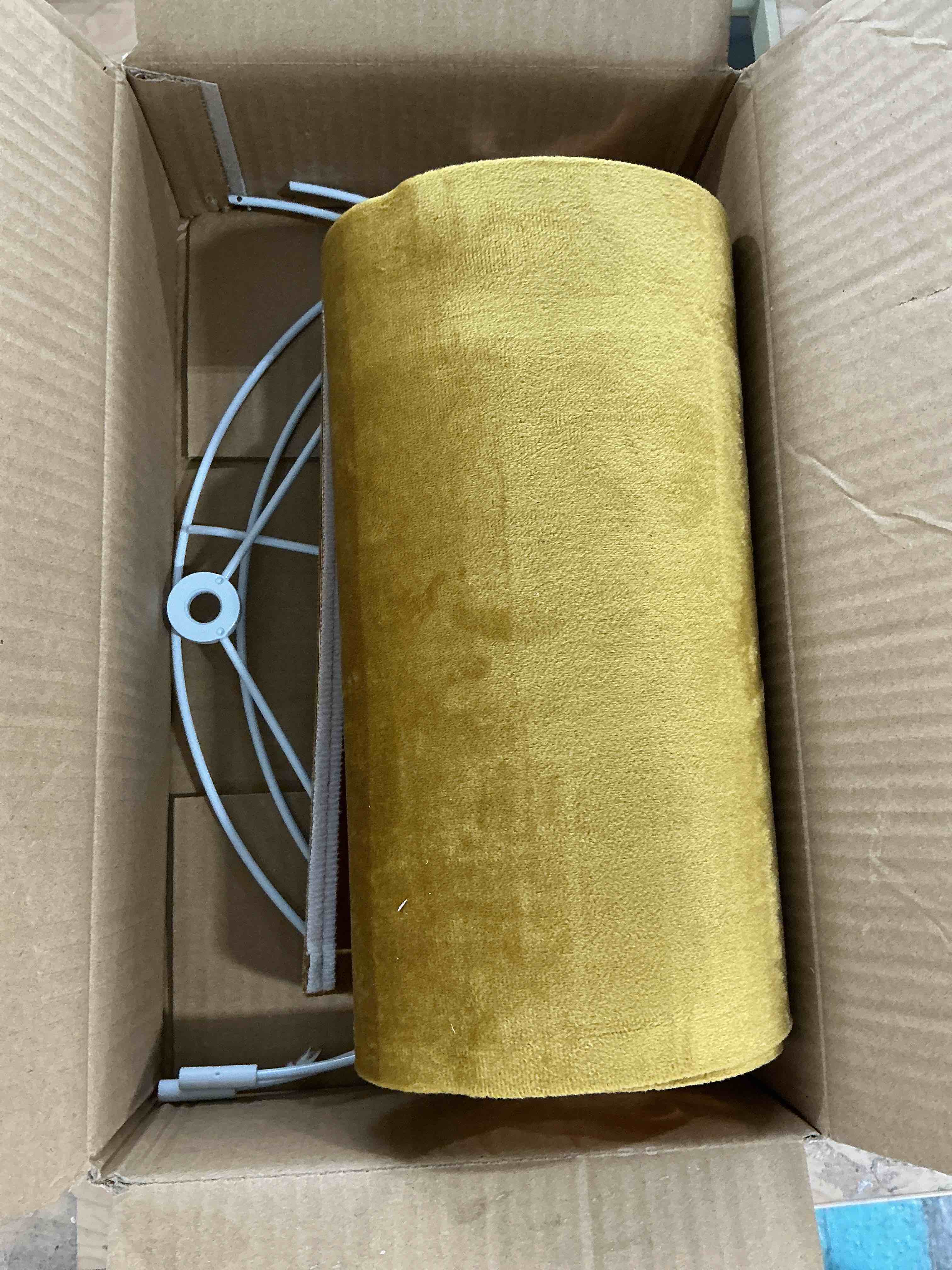 Condition photo showing Good Condition for yellow velvet drum lamp shade medium lampshade 13``top×13``bottom×10``high(spider) modern lamp shade for table & bedside lamp replacement lampshades in hand crafted - by go&so 13*13*10 inch-1 pack yellow--1