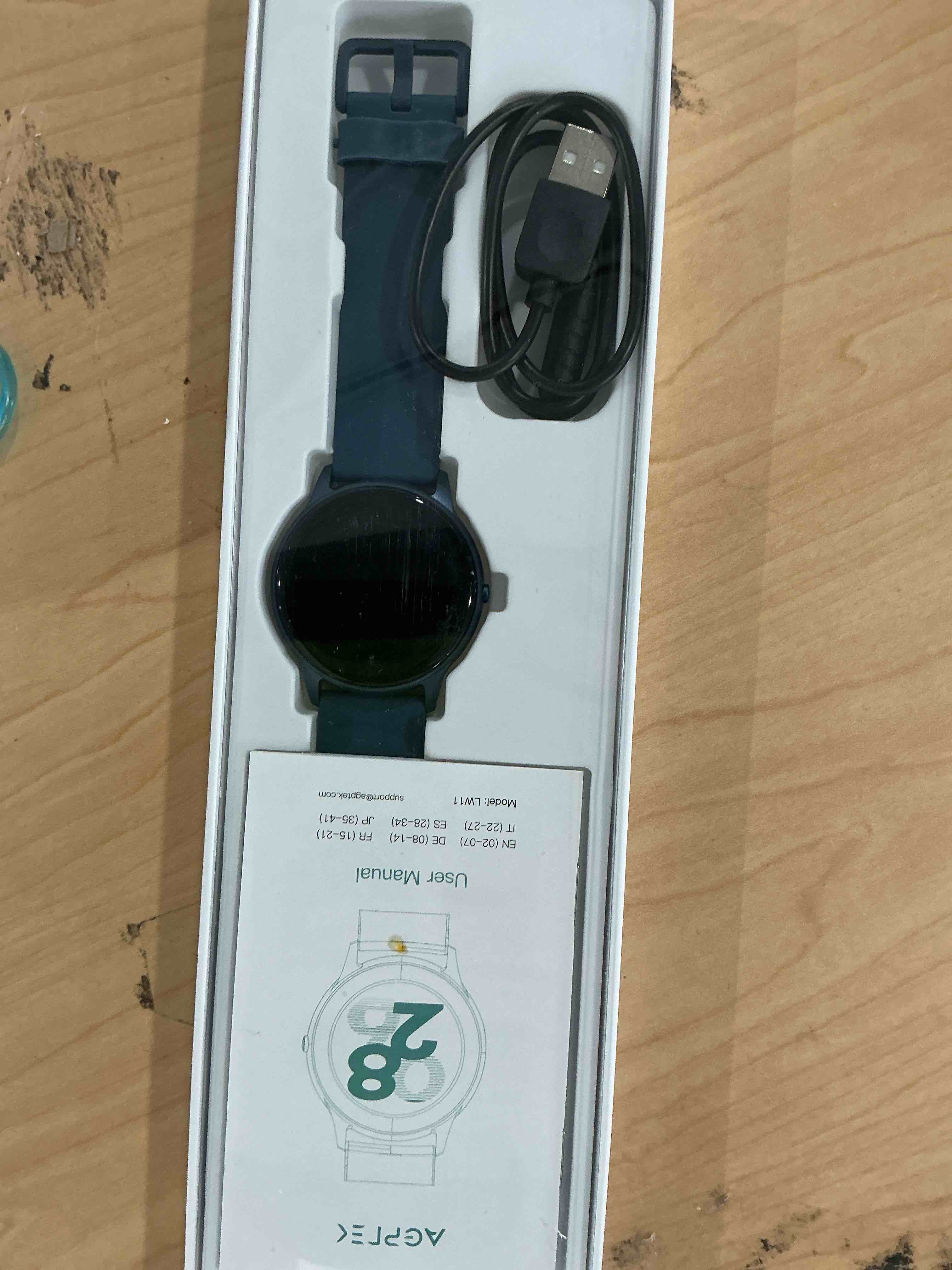 Condition photo showing New/Like New for agptek smart watch for women men, 5atm waterproof smartwatch for android and ios phones, fitness tracker watch with 100+ sports modes, heart rate monitor pedometer sleep monitor, blue