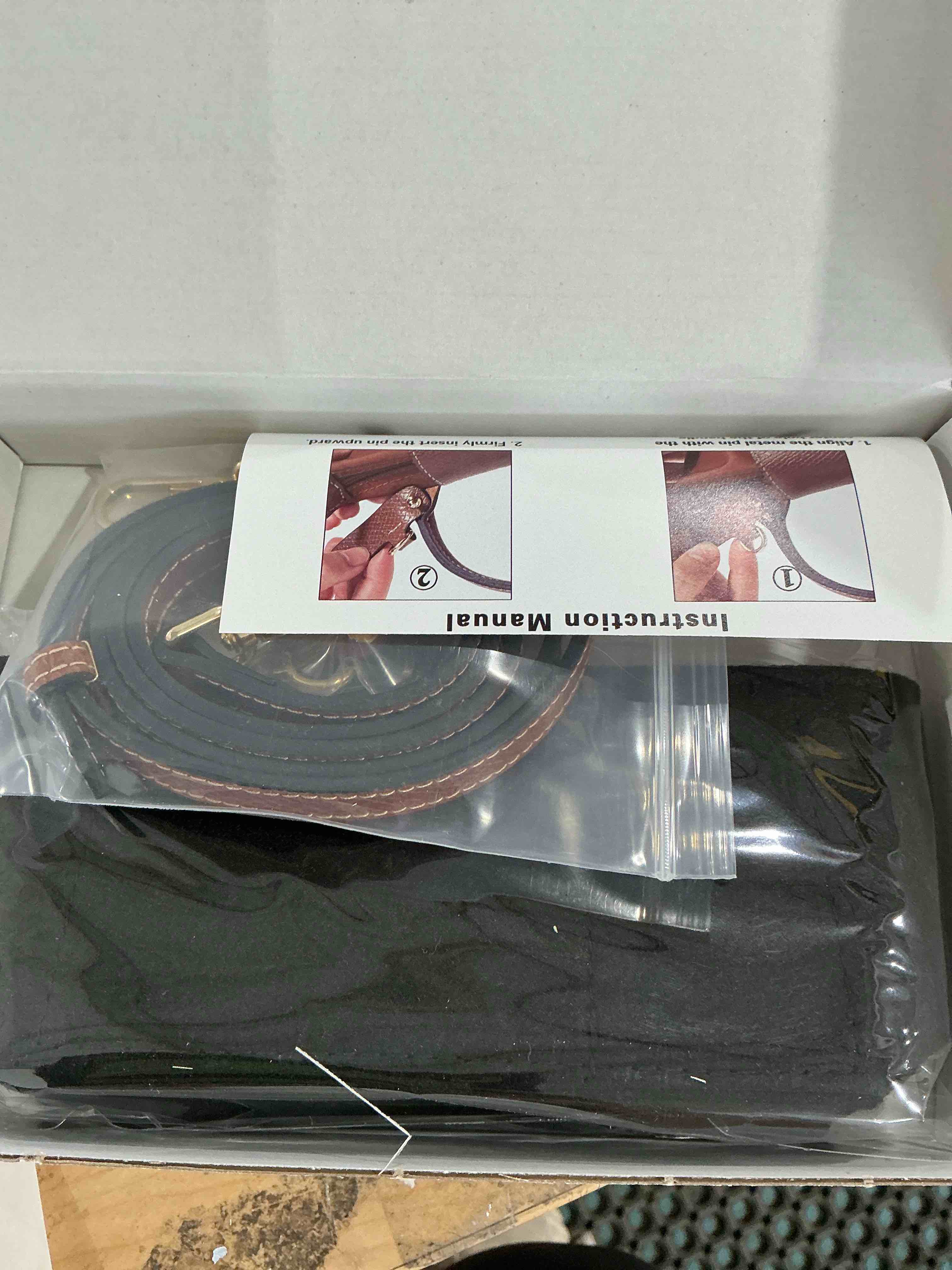 Condition photo showing New/Like New for mini bag organizer with genuine leather crossbody strap conversion kit, compatible with longchamp mini bag – inner liner insert + strap kit set, black black-brown strap set