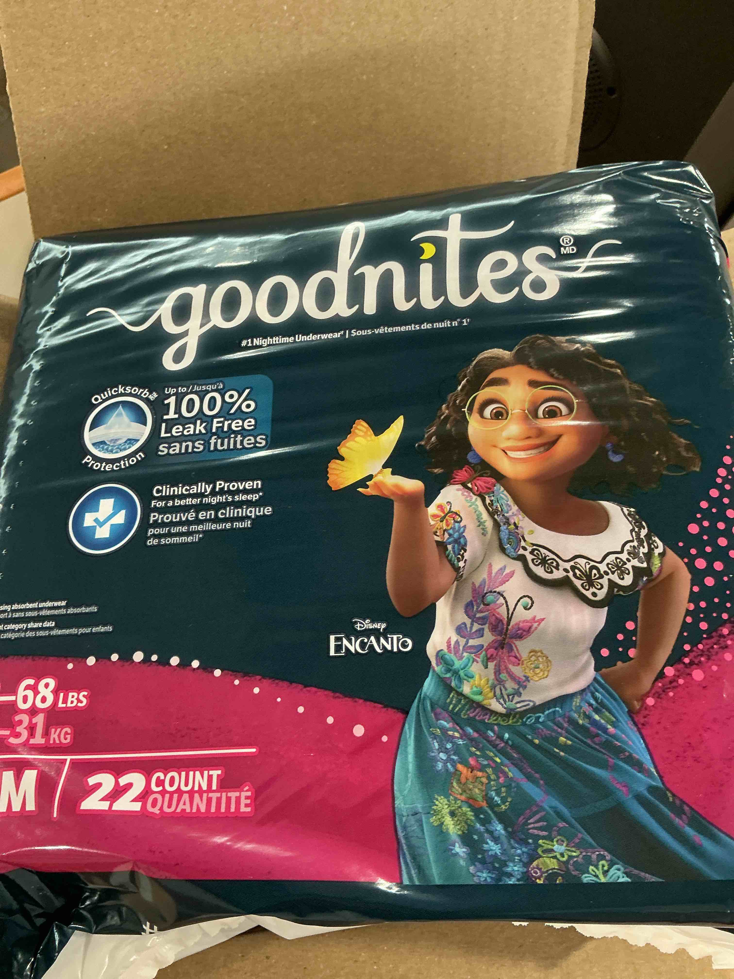 Condition photo showing New/Like New for goodnites girls' nighttime bedwetting underwear, size s/m (43-68 lbs), 44 ct (2 packs of 22), packaging may vary small/medium 44