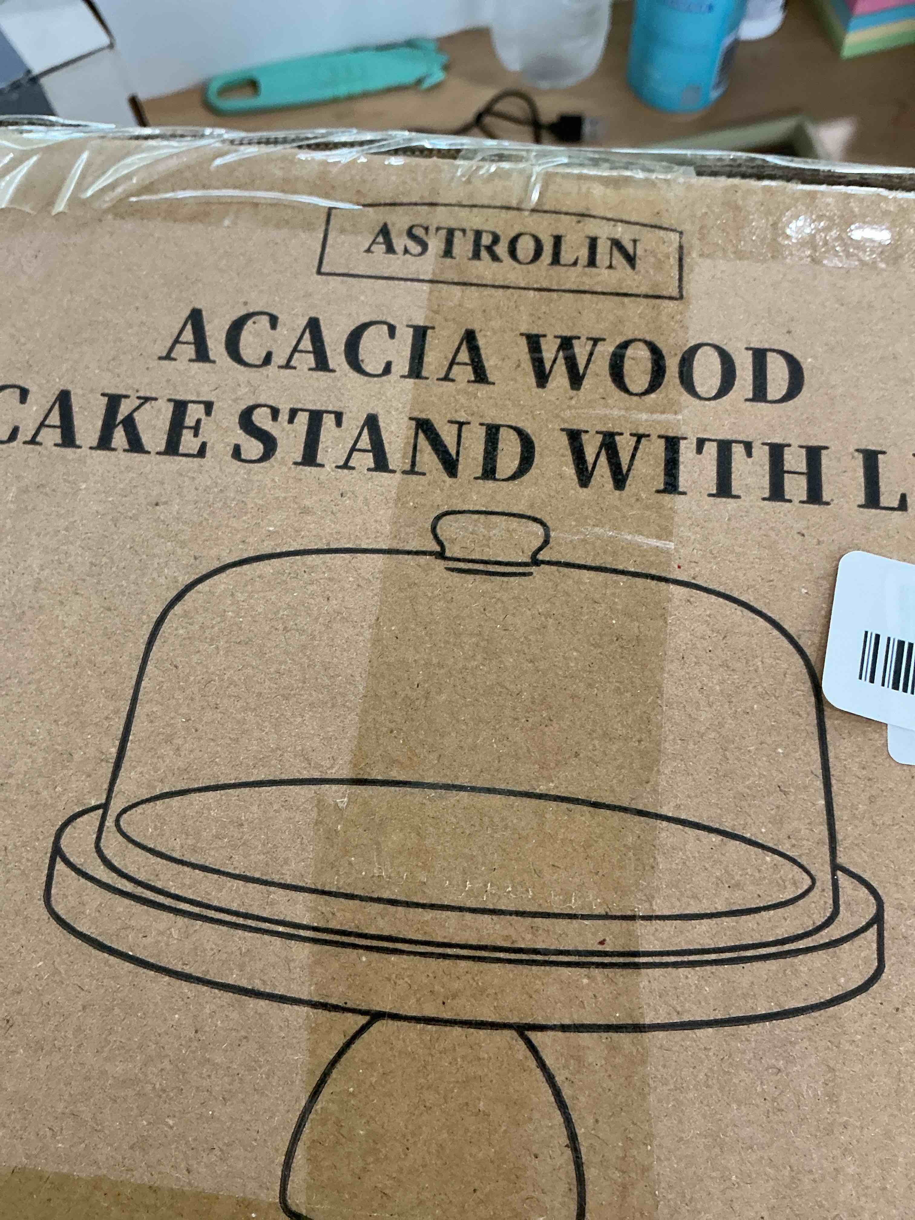 Condition photo showing New/Like New for acacia wood cake stand with lid, 12'' round cake holder with clear acrylic cover, 2 in 1 dessert table display set & charcuterie board, kitchen decor for birthday or wedding