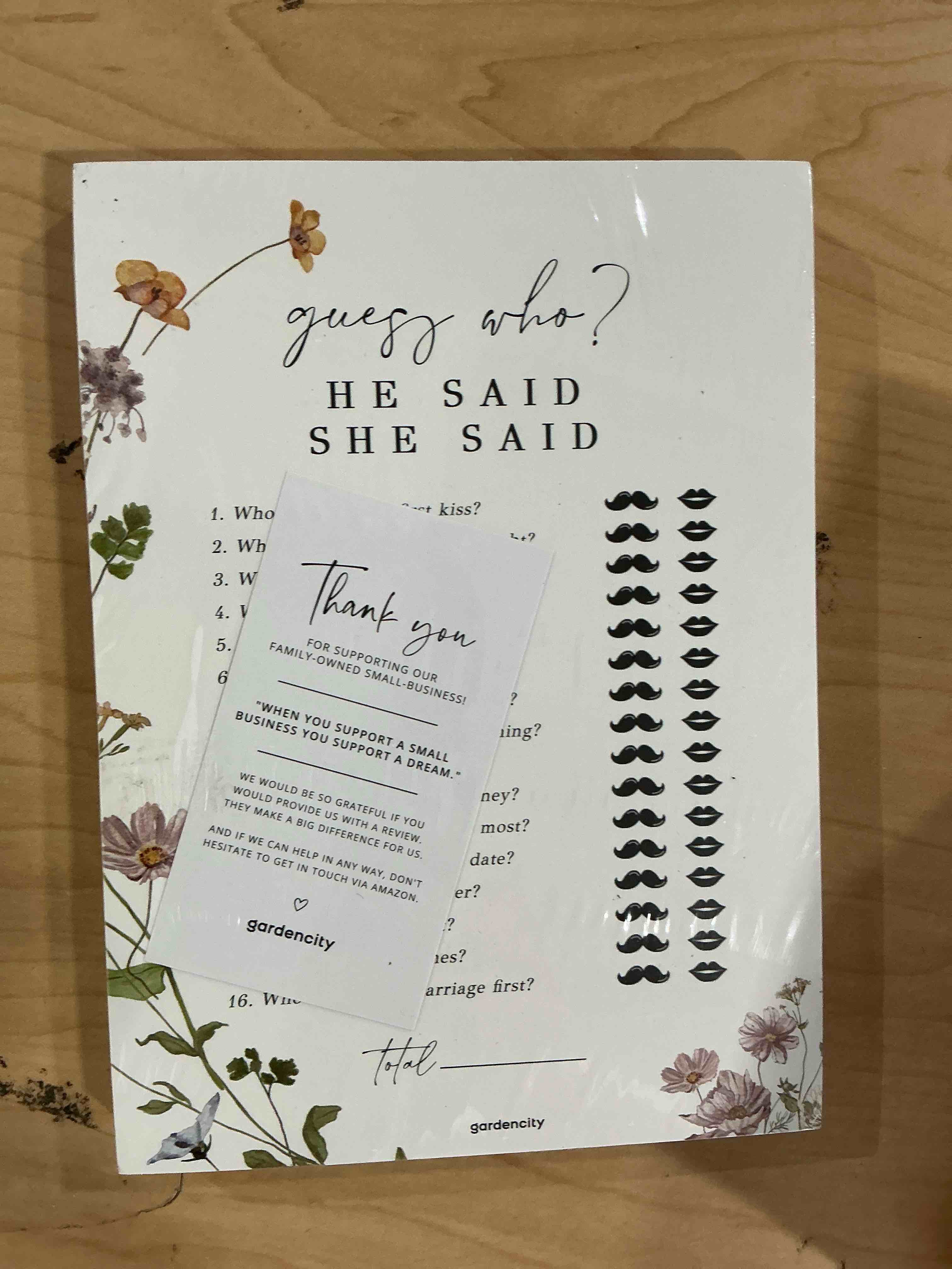 Condition photo showing New/Like New for gardencity bridal shower games, he said she said bridal shower game for 50 guests, 50 cards, wildflower