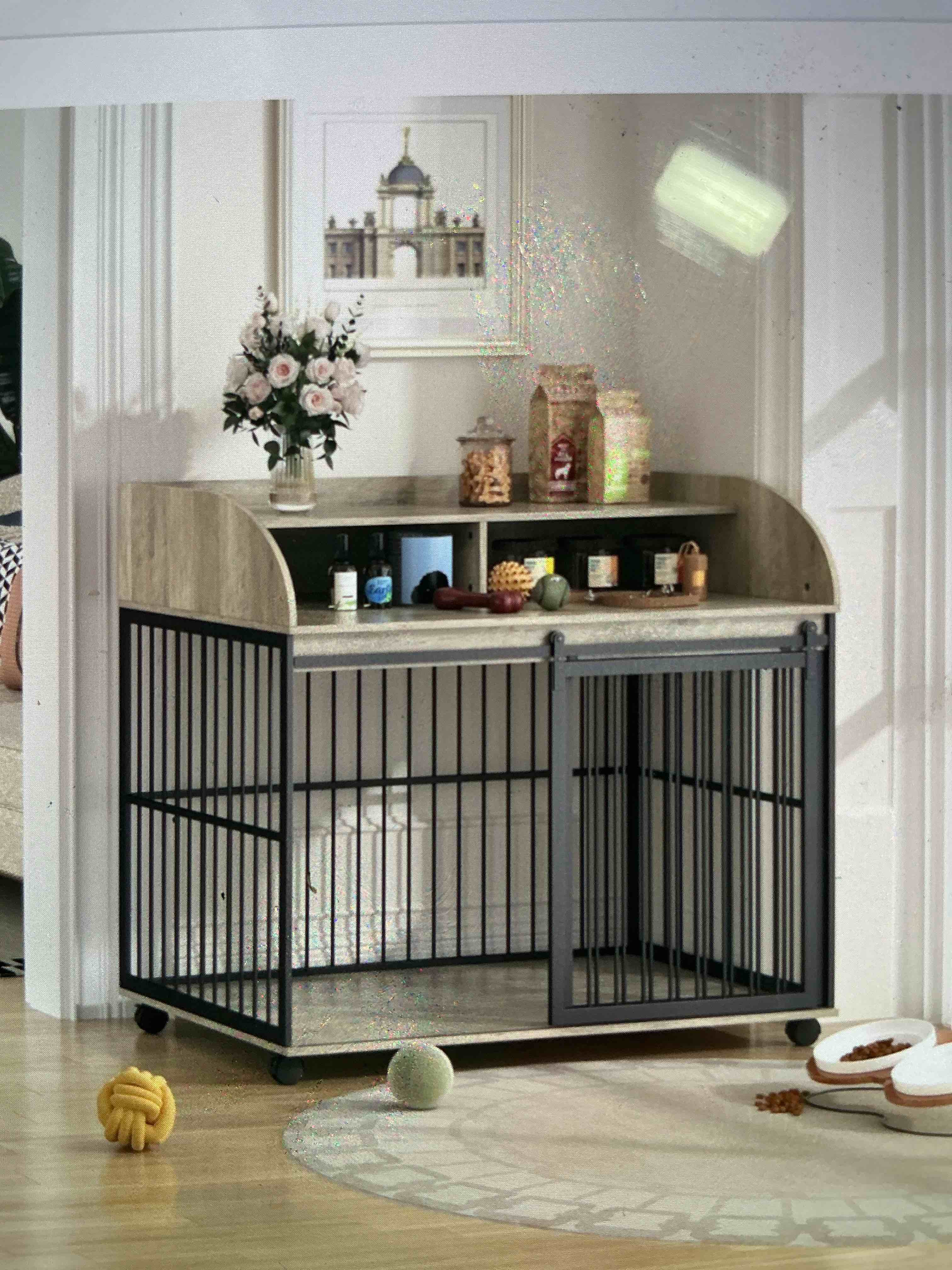 Condition photo showing As Is for 44 inch heavy duty dog crate with furniture, lockable wheels storage and sliding door medium to large dogs