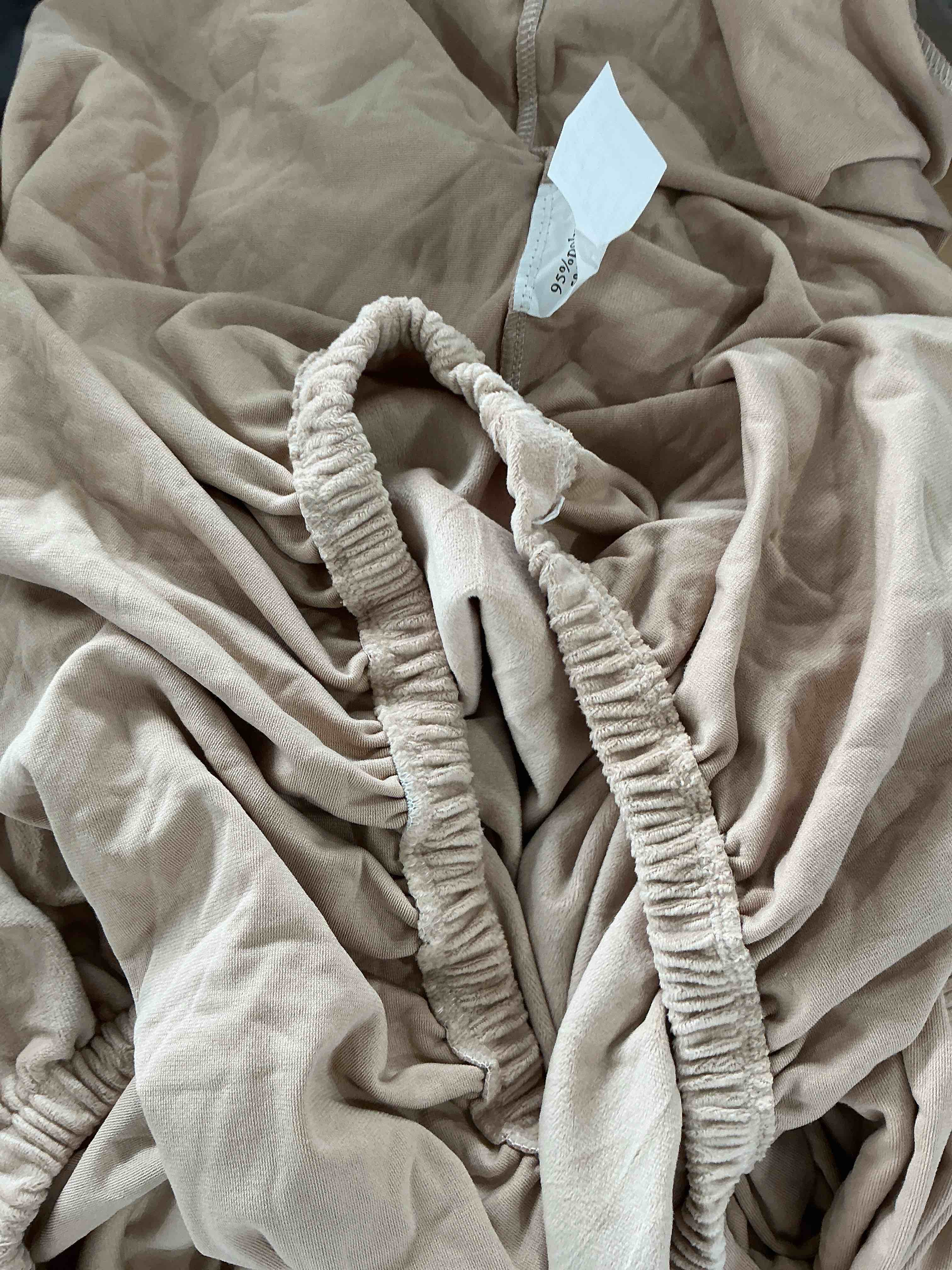 Condition photo showing Good Condition for dujuike headboard cover for queen bed, stretchy velvety headboard slipcover, dustproof durable protector cover for bed headboard, velvet soft fabric (camel) queen headboard length (59"-67") camel