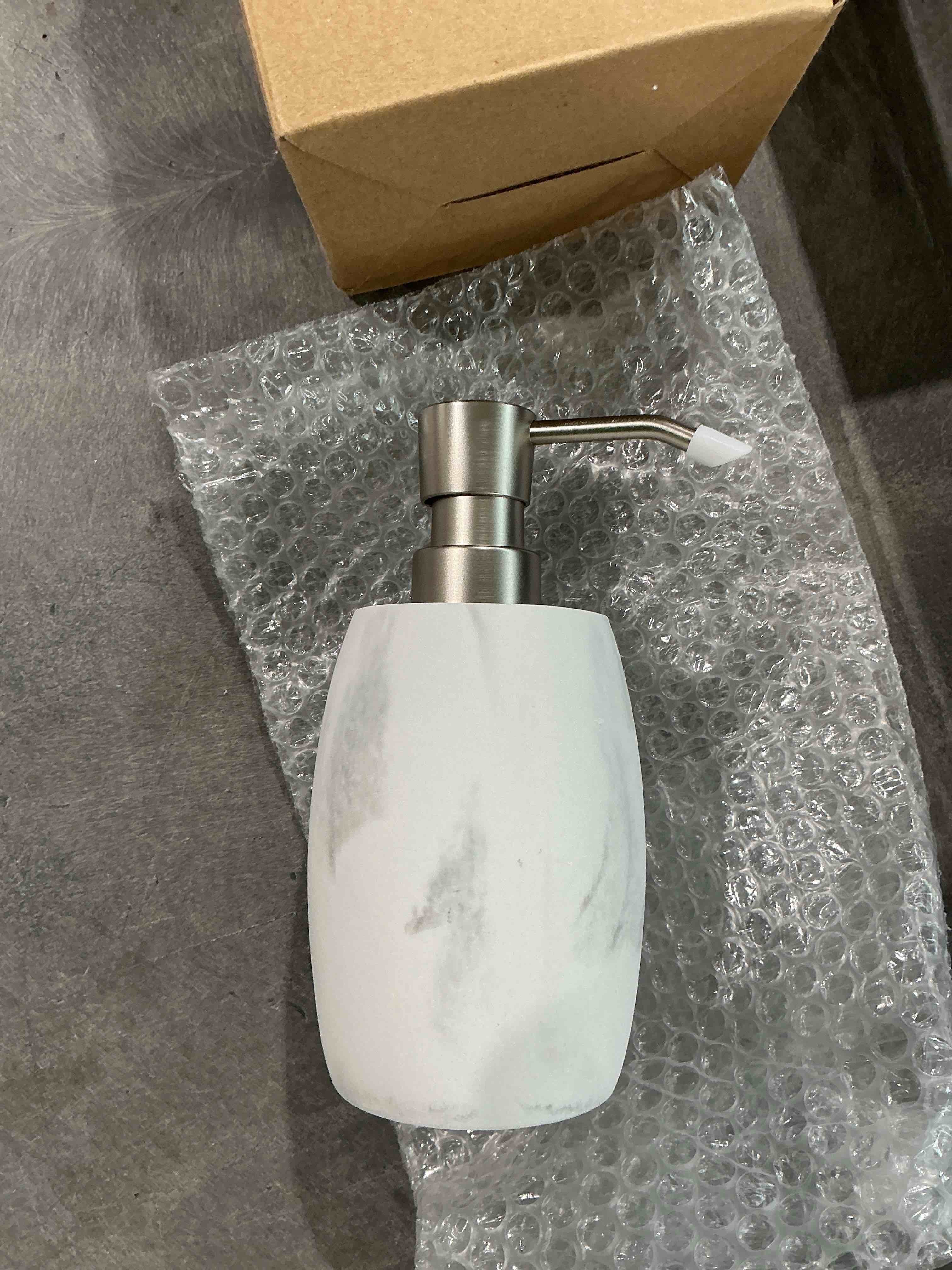 Condition photo showing New/Like New for resin hand soap dispenser, refillable soap dispenser with white marble look and metallic pump, waterproof bottle labels for bathroom kitchen dish hand wash shower lotion shampoo (12 oz)