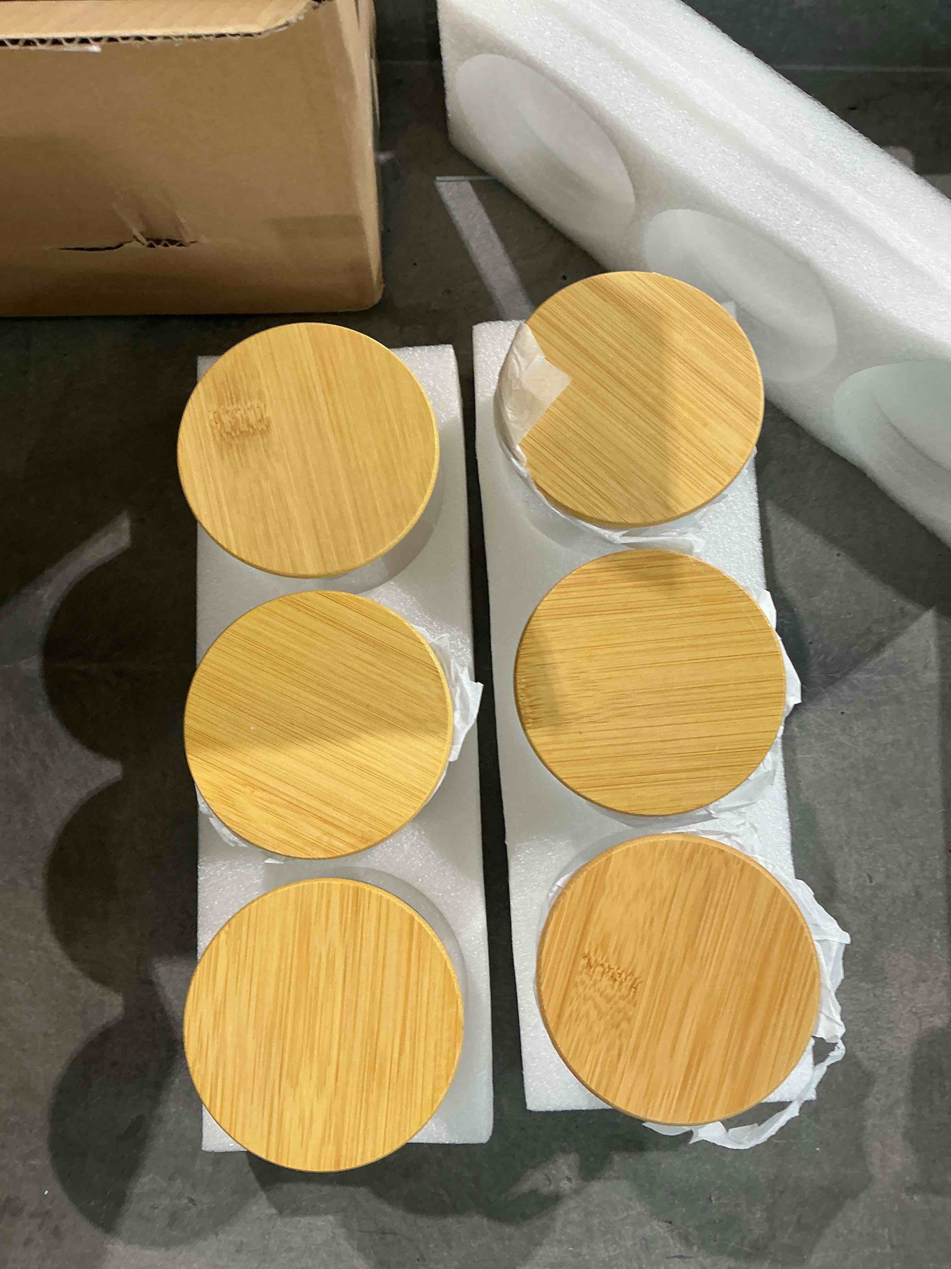 Condition photo showing New/Like New for 20oz 6pcs round airtight glass food storage jars, clear glass food container with bamboo lid, stackable spice jar, small kitchen storage for sugar, tea, coffee bean, pasta, oat, spice 20oz*6