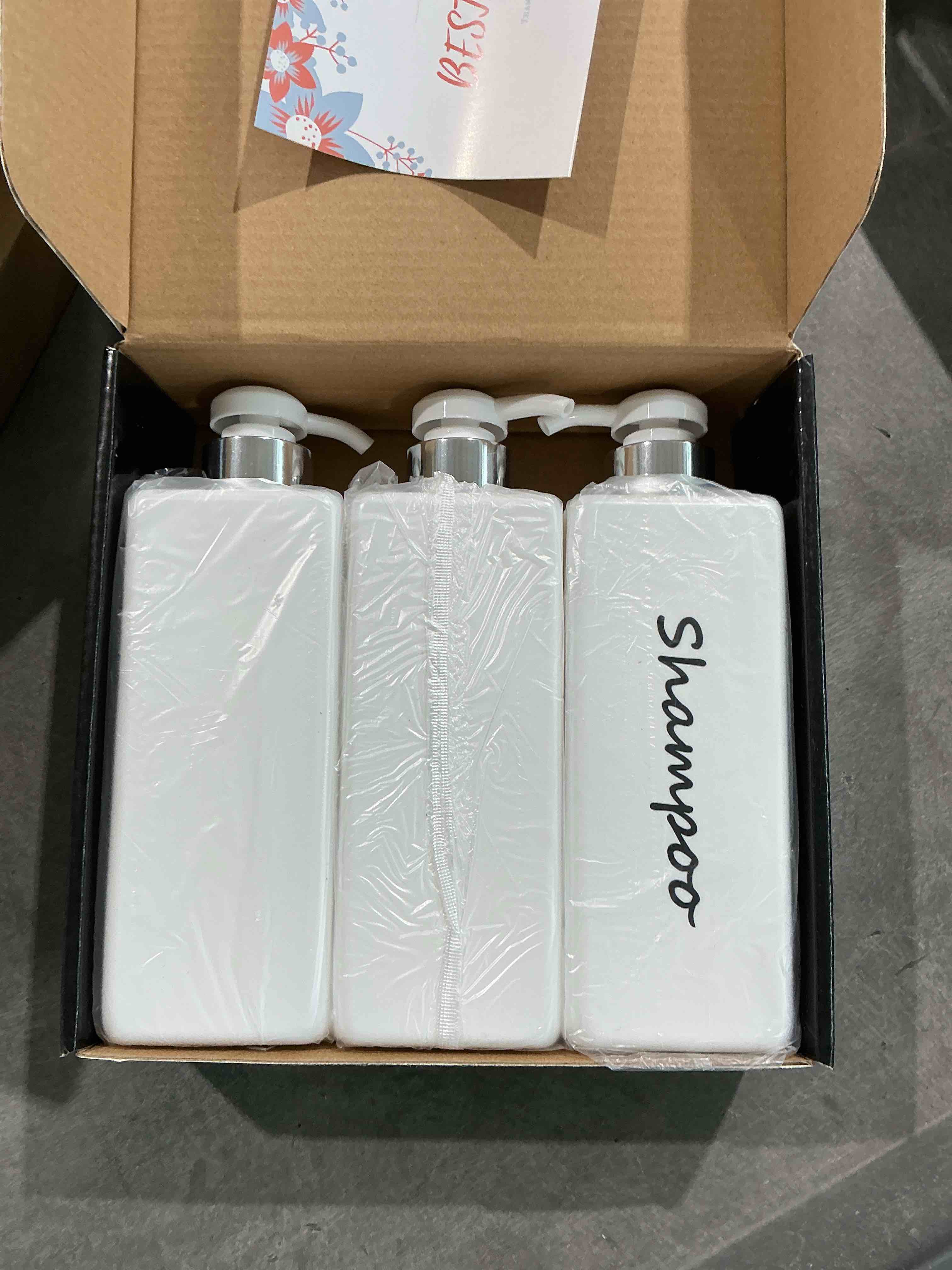 Condition photo showing New/Like New for 21oz shampoo and conditioner dispenser (set of 3) modern refillable shampoo pump bottles for shower soap - empty shampoo conditioner body wash dispenser set - stylish permanent labels - for bathroom sliver white 21 ounce