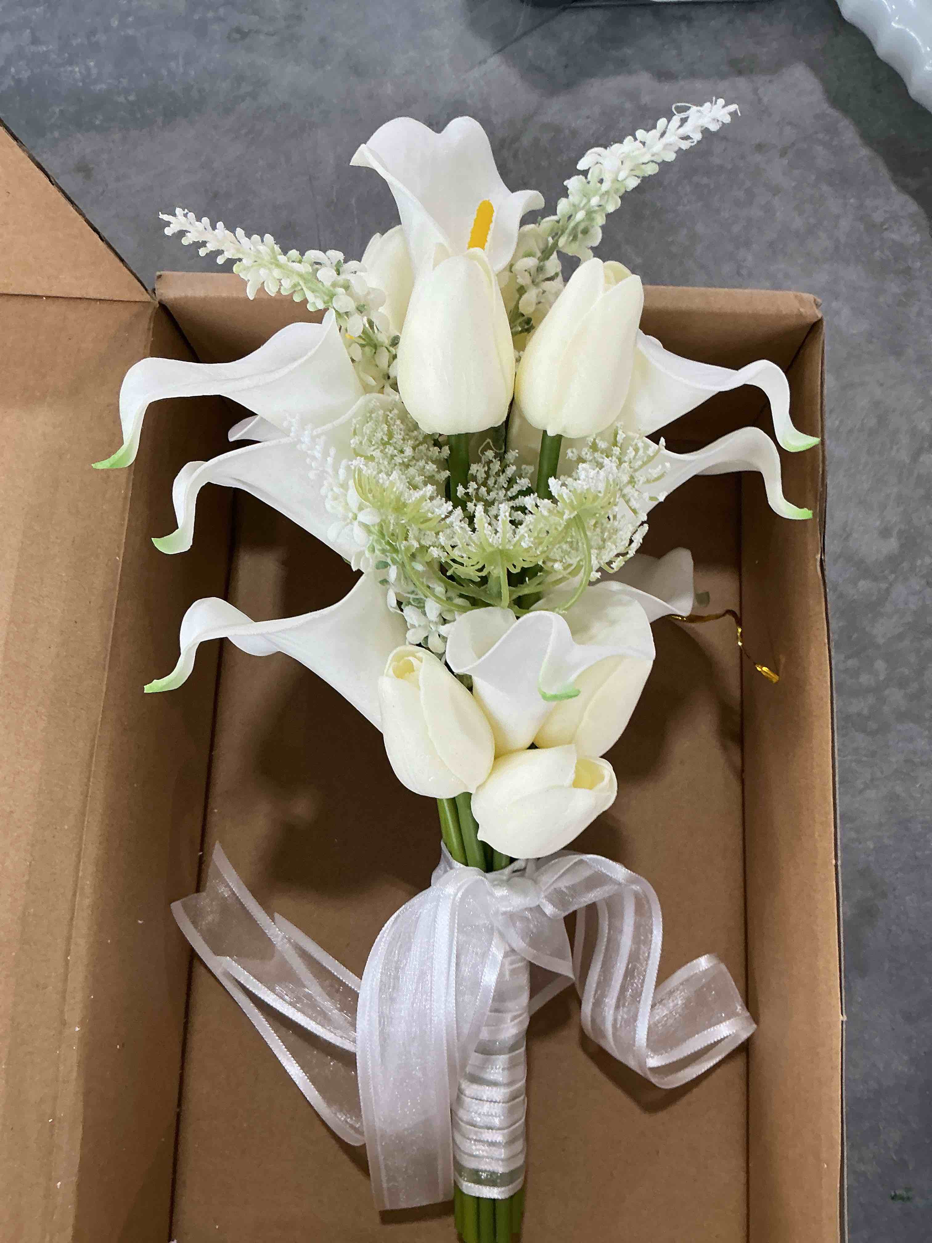 Condition photo showing Good Condition for tulips calla lily artificial flowers | real touch |bridal bouquet | wedding bouquet home décor party (white) (white 1 bouquet)