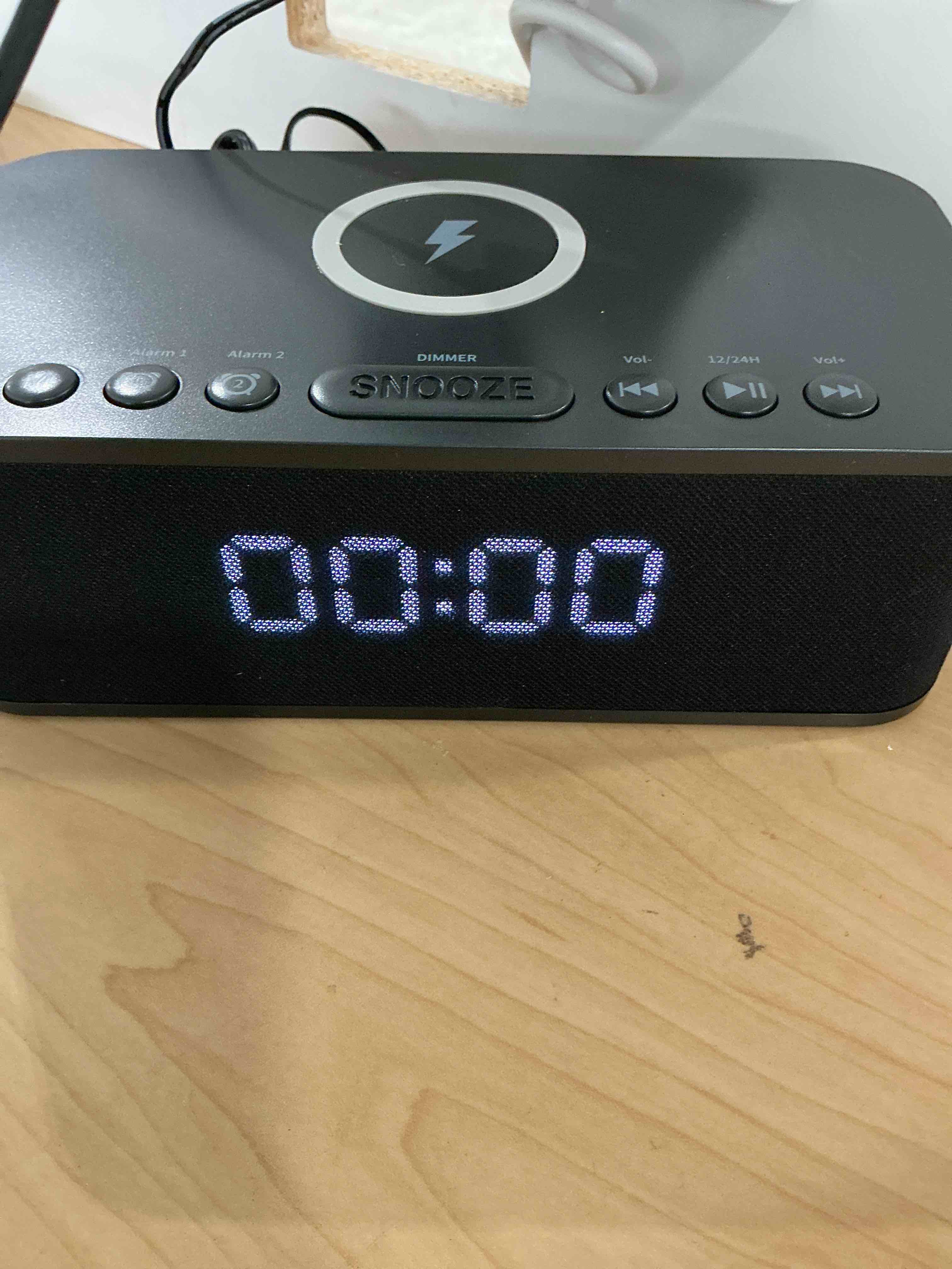 Condition photo showing New/Like New for digital alarm clock white noise, loud digital alarm clocks bedrooms, alarm clock speaker wireless charger aux usb bluetooth speaker 12/24h dual alarm snooze adjustable brightness, black