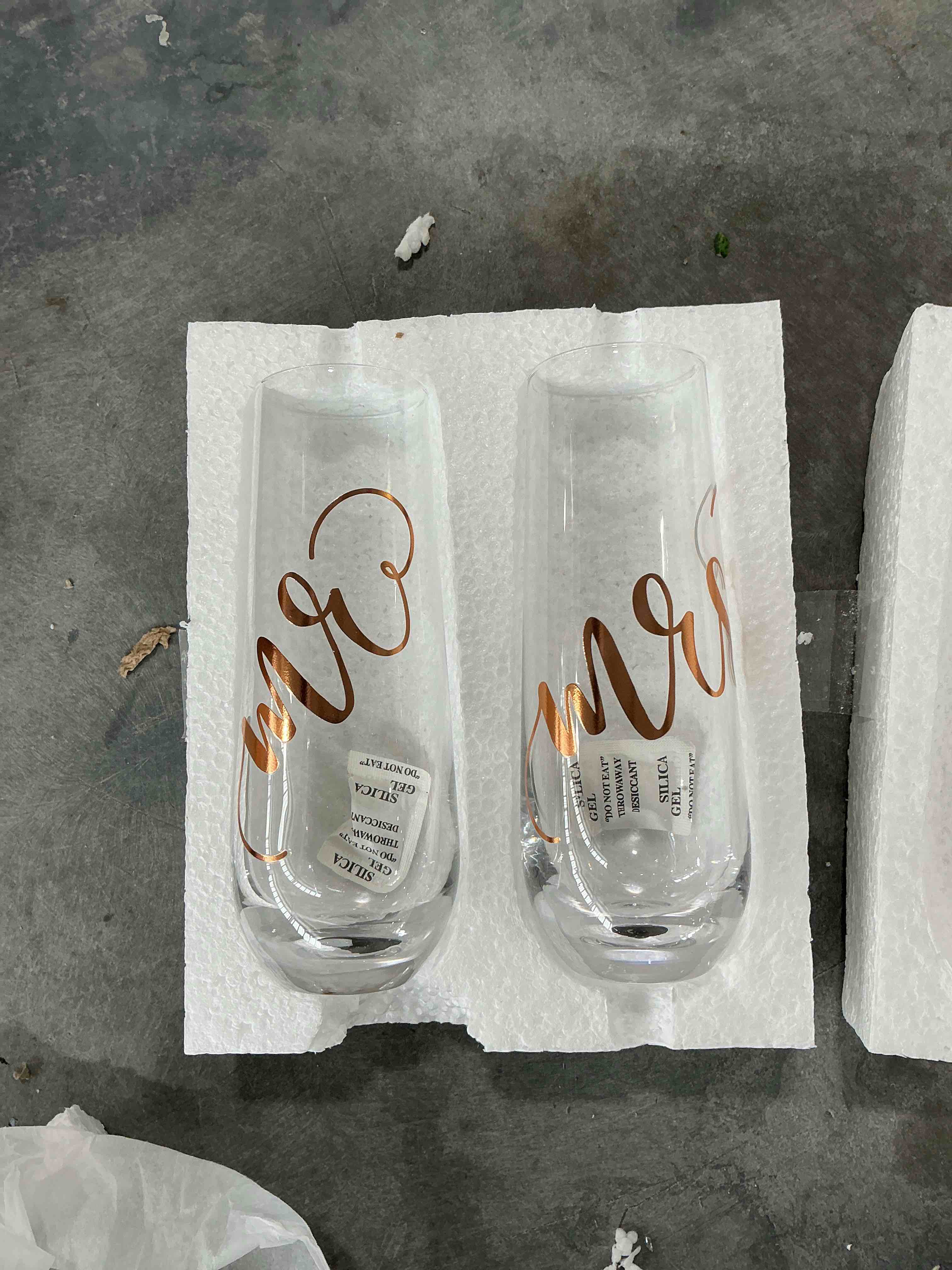 Condition photo showing New/Like New for juvale mr & mrs champagne flutes set of 2-10 oz, 6 in, clear stemless glass - bridal shower & wedding registry gifts - engagement gift & bride & groom glasses