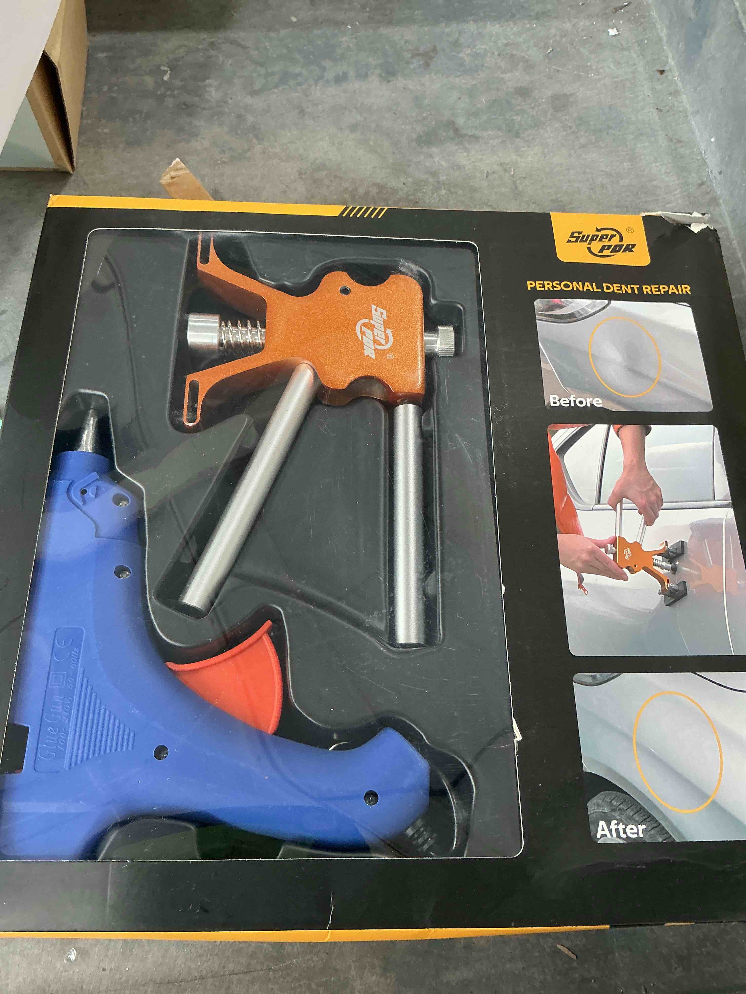 Condition photo showing Good Condition for super pdr 74pcs car dent repair kit, small dent puller kit, adjustable metal dent remover tools with 58pcs high viscosity pull tabs for auto body large & small dents, door ding, hail damage pdr kit_professional edition