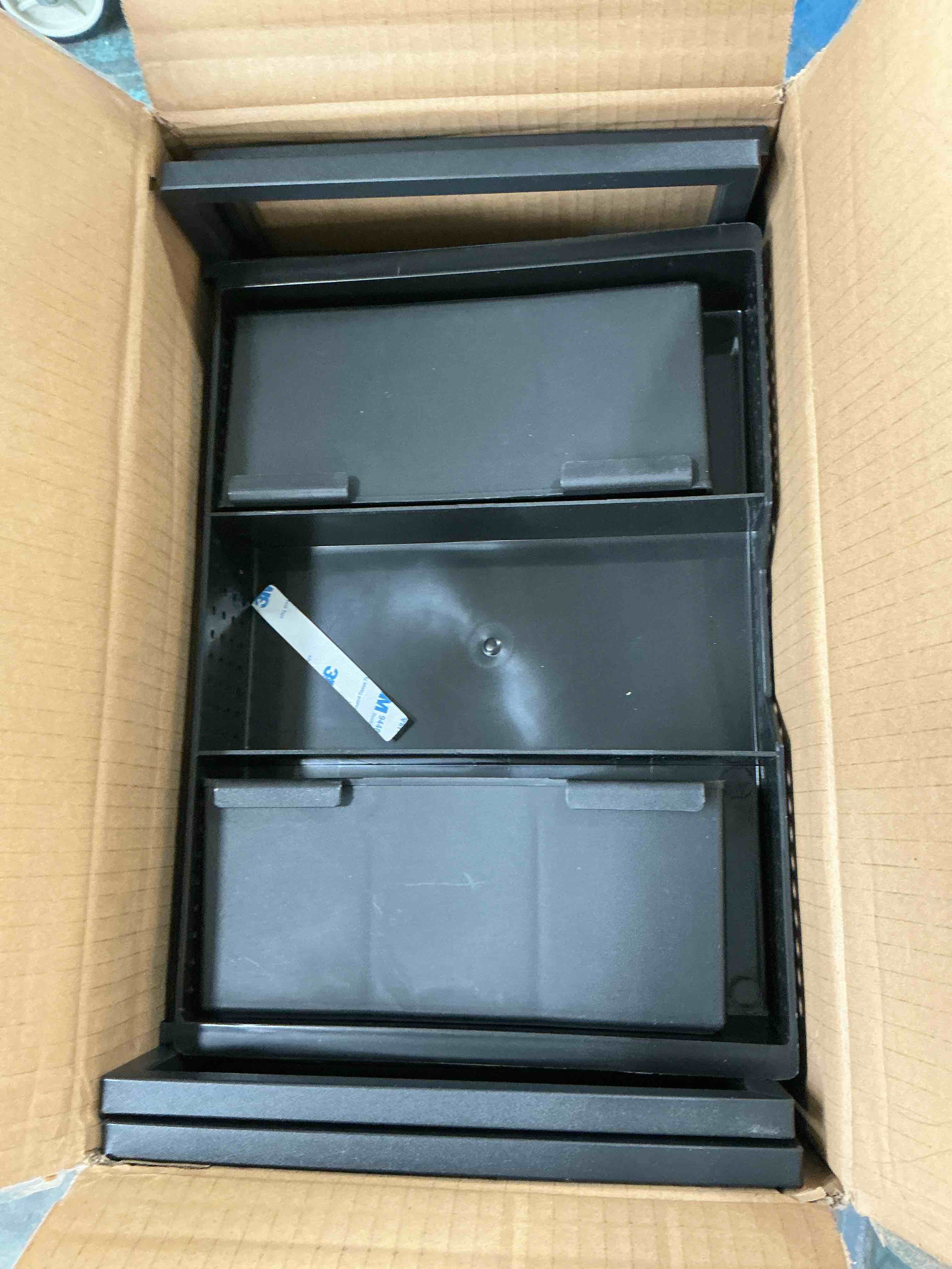 Condition photo showing Good Condition for opnice desk organizers and accessories, dual monitor stand riser with drawer and 2 pen holders, desk shelf metal computer racks for office workspace organizers, desktop organization (black) metal black with drawer and pen holder