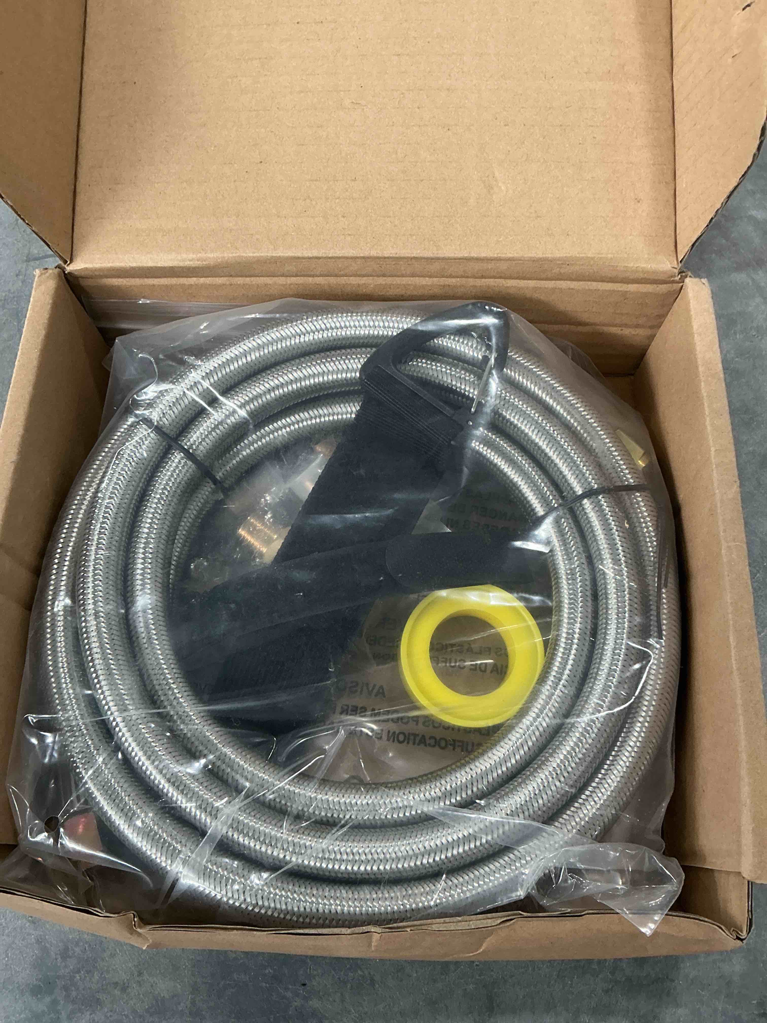 Condition photo showing New/Like New for upgraded 12 feet high pressure propane hose extension, braided gas line with conversion coupling 3/8" flare to 1/2" female npt, 1/4" male npt, 3/8" male flare, for heater, dryer, fire pit, grill