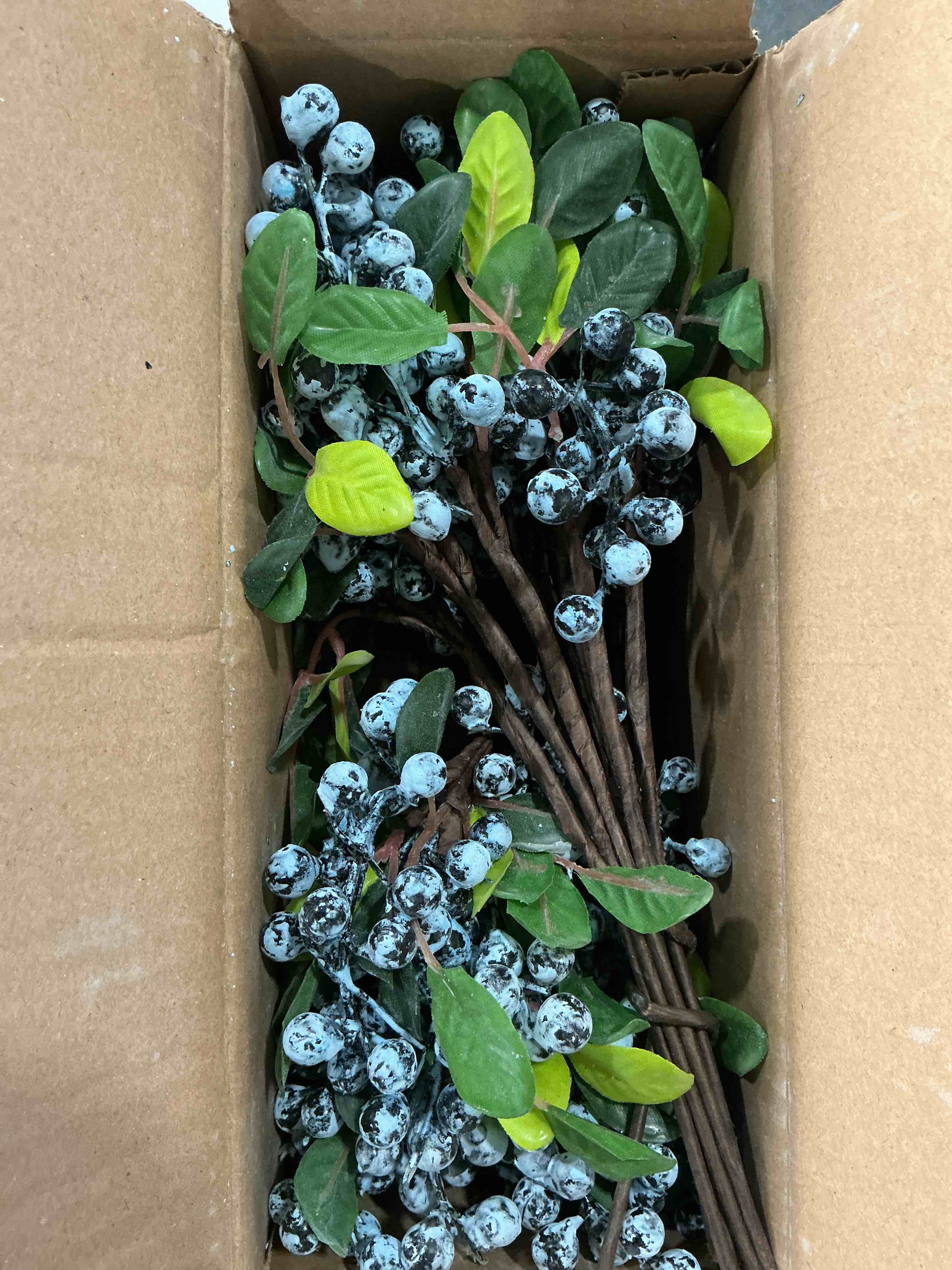 Condition photo showing New/Like New for shacos artificial blue berry stems pack of 20 fake blue berries with green leaves 9.8 inch fake blueberries picks for spring floral bouquet decorations crafts holiday home vase decor blueberry blue 20 pcs