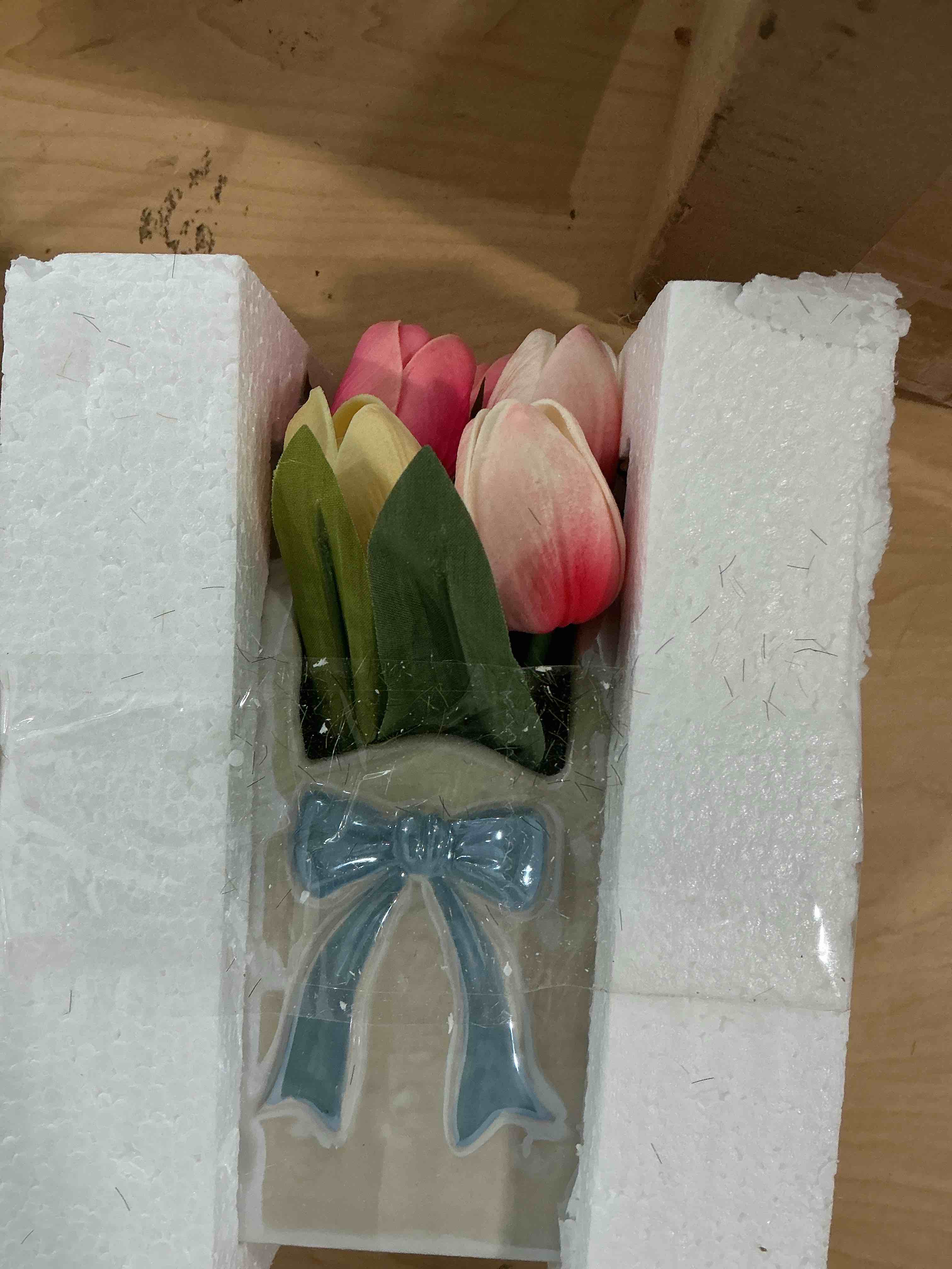 Condition photo showing New/Like New for spring decor, artificial tulips in ceramic vase spring easter table centerpiece for home indoor table shelf mantel living room bathroom bedroom dining coffee bar kitchen decoration