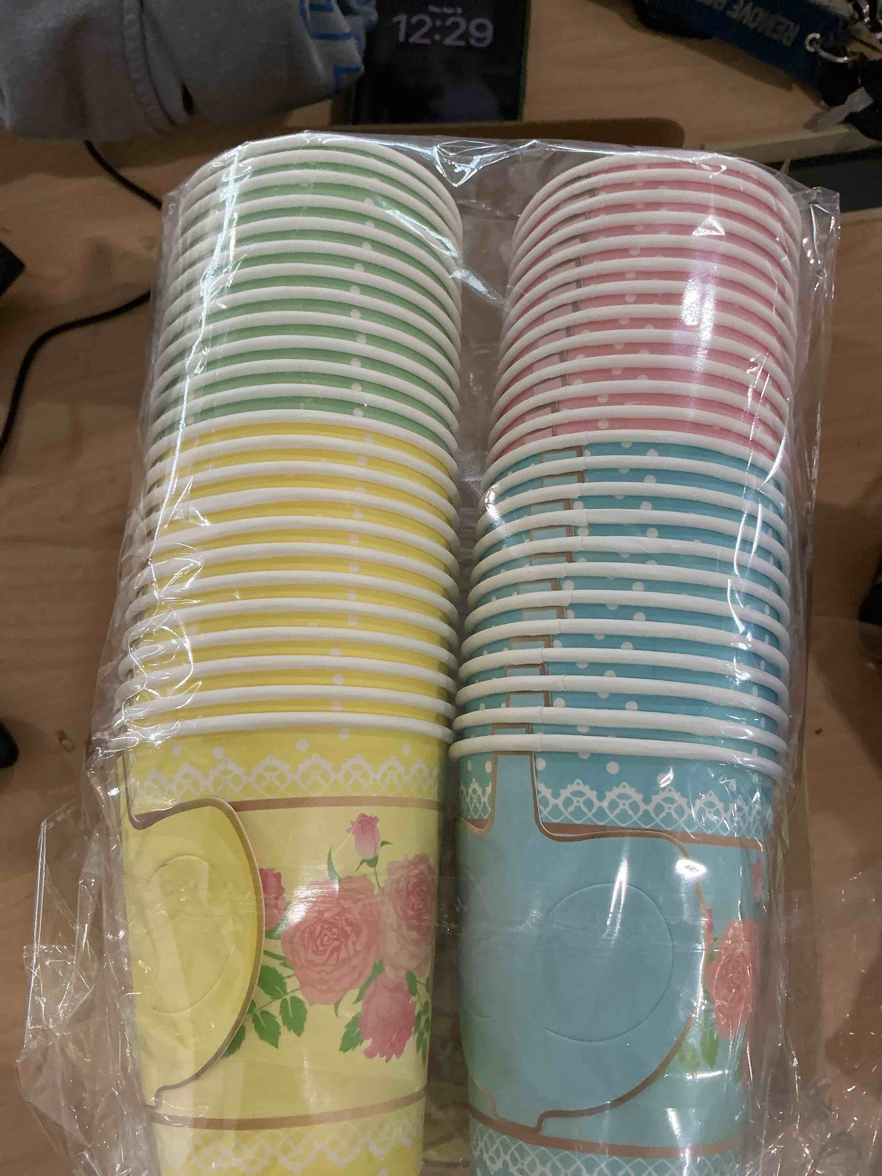 Condition photo showing New/Like New for 12 sets floral paper tea cups and saucers disposable paper tea party supplies 9 oz cups with handle and saucer for birthday wedding party decorations (classic style) 12 classic