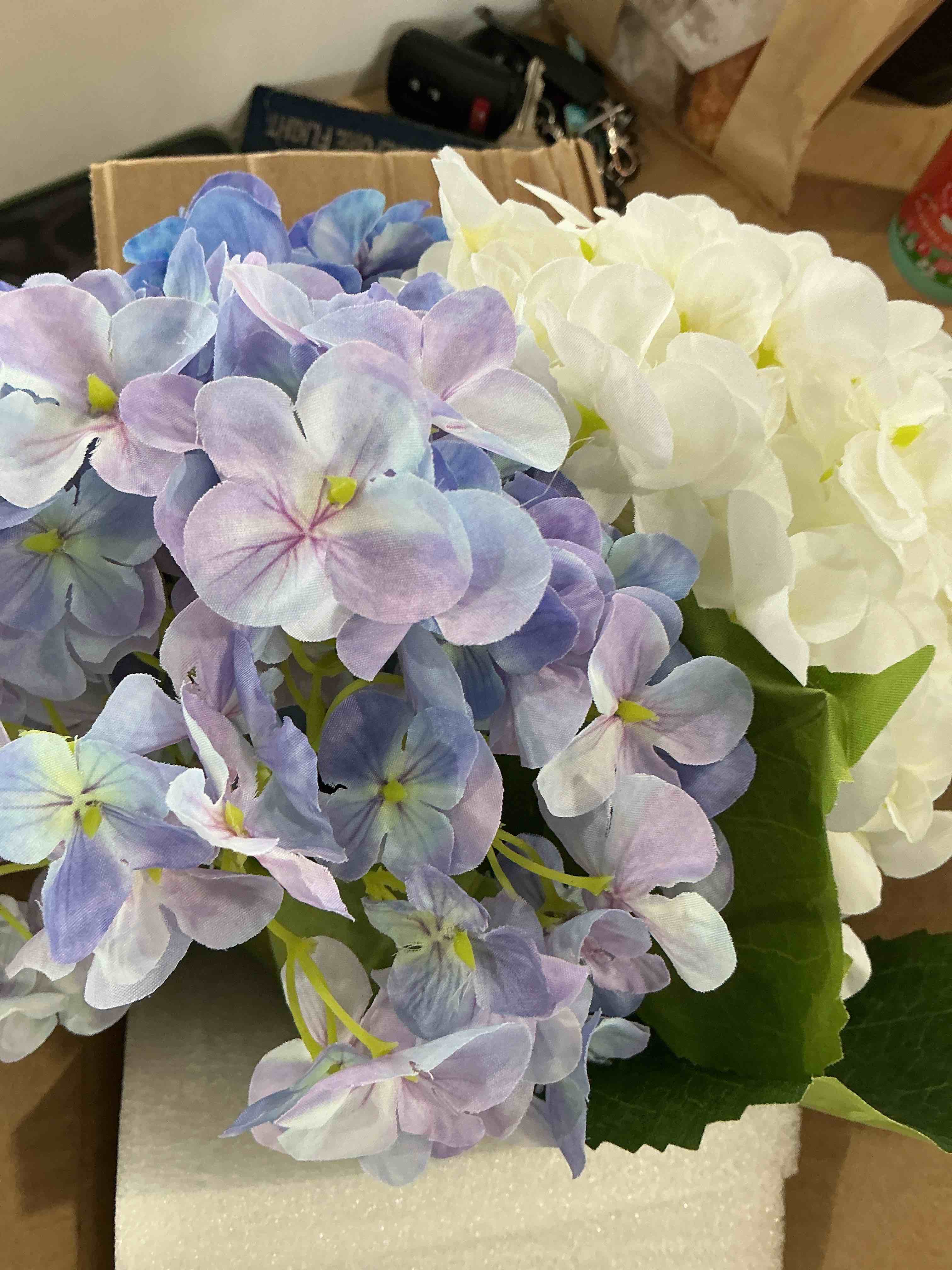 Condition photo showing New/Like New for hydrangea artificial flowers with vase real touch silk faux hydrangea floral arrangement in glass vase fake hydrangea stems plant bouquet for office coffee table centerpieces home decor colorful