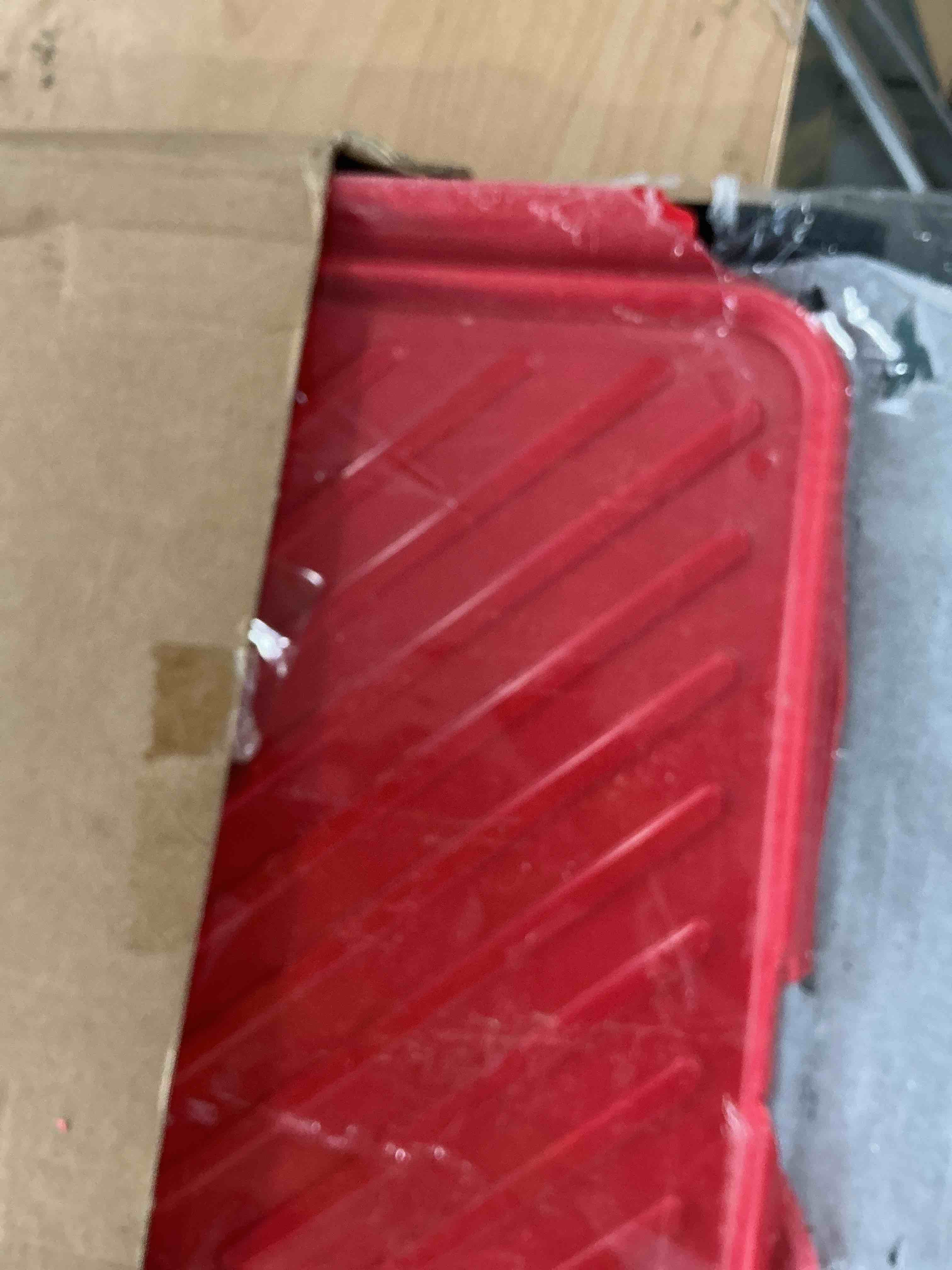 Condition photo showing Good Condition for large grilling prep and serve trays, 17" x 10.5" x 1.2" bbq platters for raw and cooked food, melamine serving trays for food, set of 2, black and red, cleaning pack included