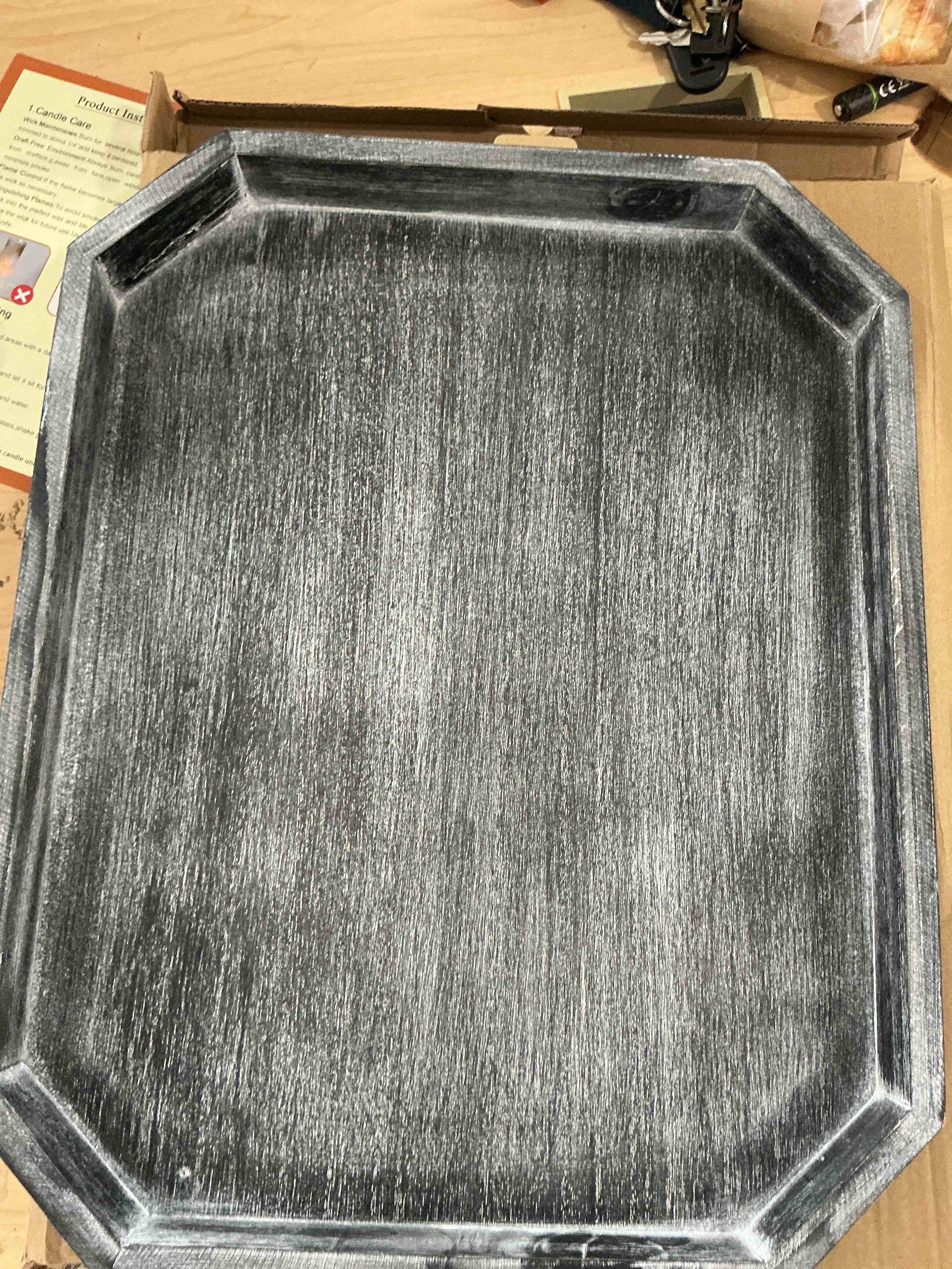 Condition photo showing New/Like New for decorative coffee table serving tray, long octagonal black wood tray with wooden bead, farmhouse big for ottoman table, countertop, home decor, 16.5"x13"x1.6" (retro black) 16.5" x 13" x 1.6" octagonal-retro black