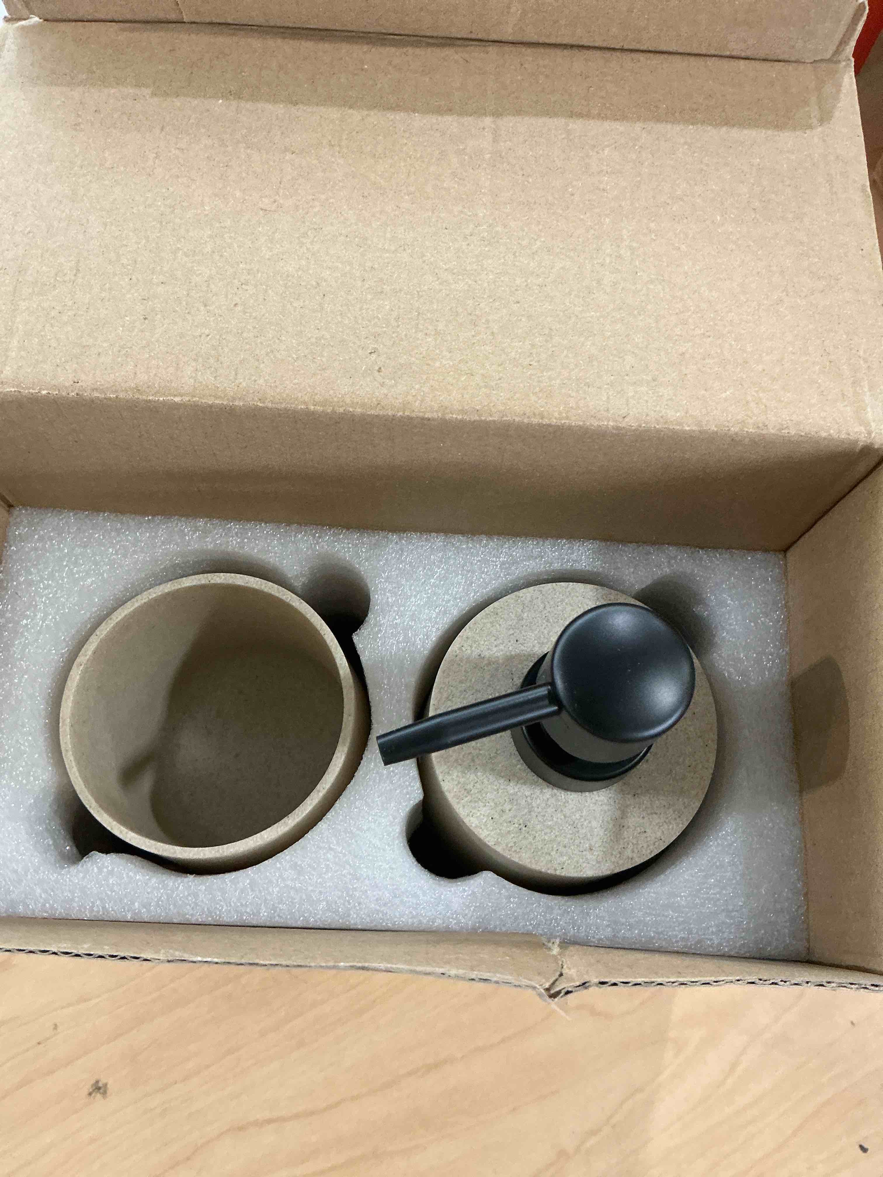 Condition photo showing New/Like New for bathroom accessories set, 2 piece resin bathroom accessory set with soap dispenser and toothbrush holder for modern bathroom decor (beige)