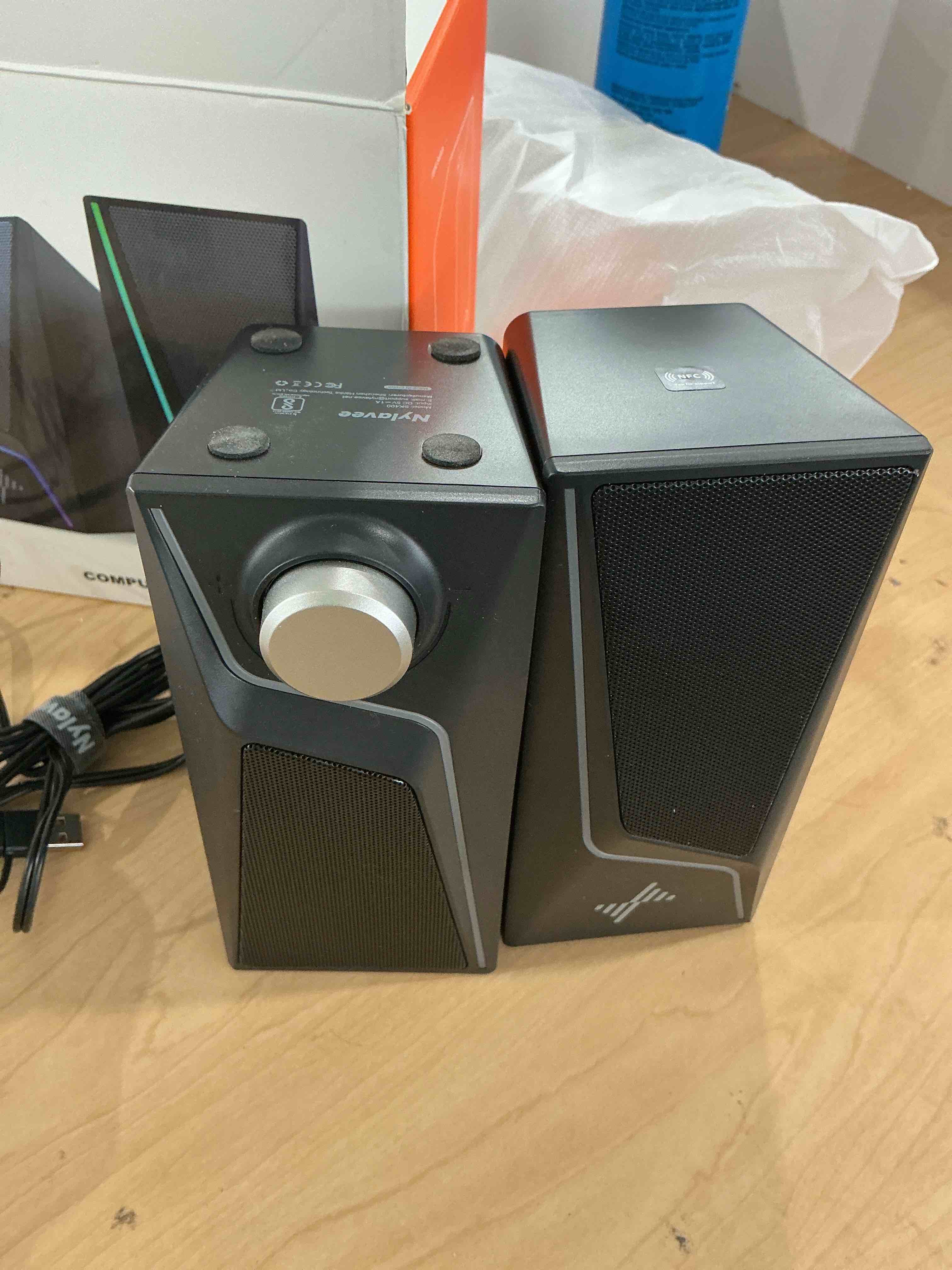 Condition photo showing Good Condition for nylavee computer speakers, pc speakers with 6 lighting modes, usb powered computer speakers for desktop pc with 2 bass-boost ports, 2 speaker units, and 3.5mm aux-in for pc, laptop, monitor, gaming black