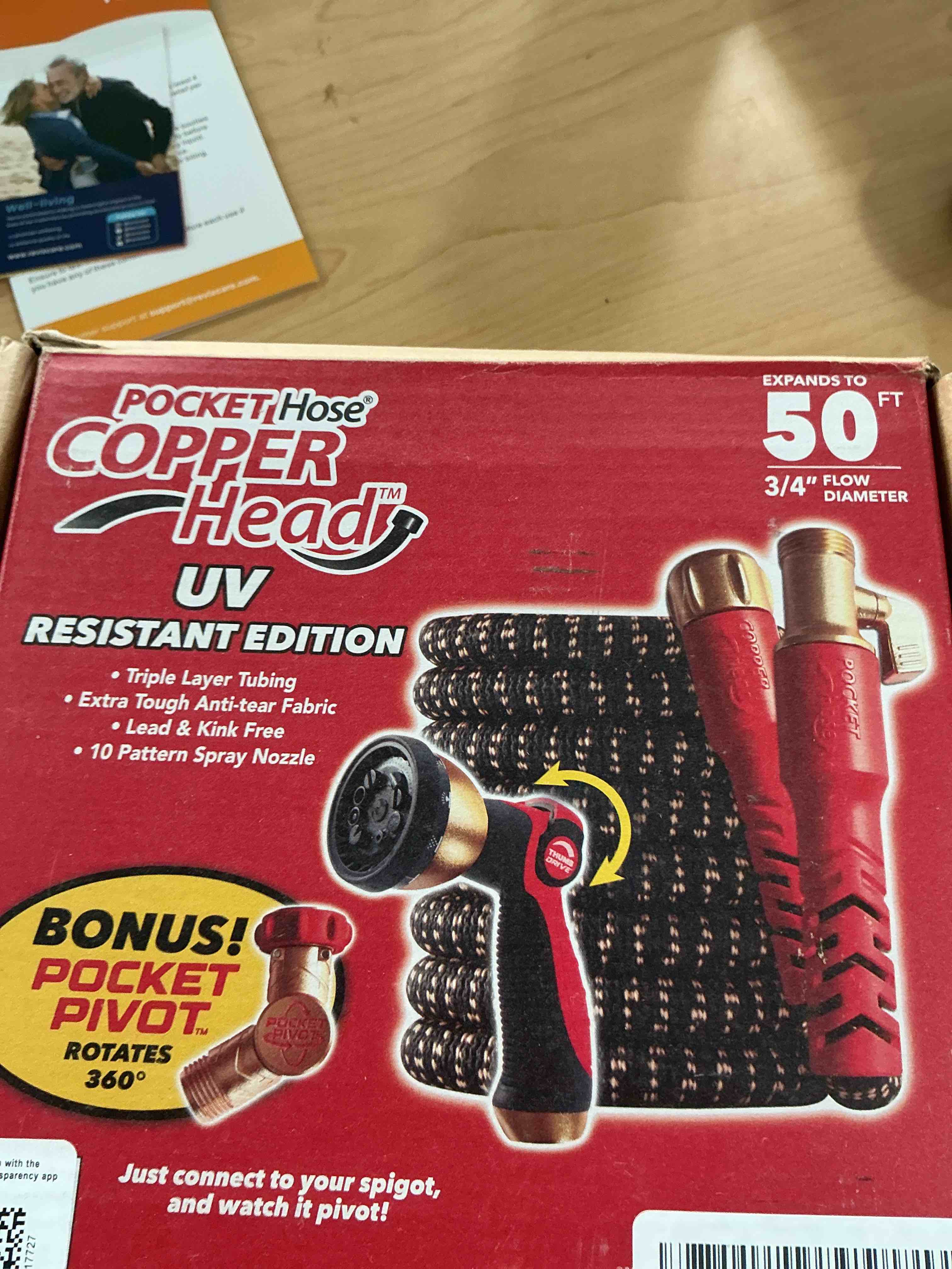 Condition photo showing Good Condition for pocket hose 50 ft copper head expandable garden hose with pocket pivot, no tangles, as seen on tv, 360° swivel, tri-tex tubing, force field jacket, lead-free, no-kink, anti-burst w/apt